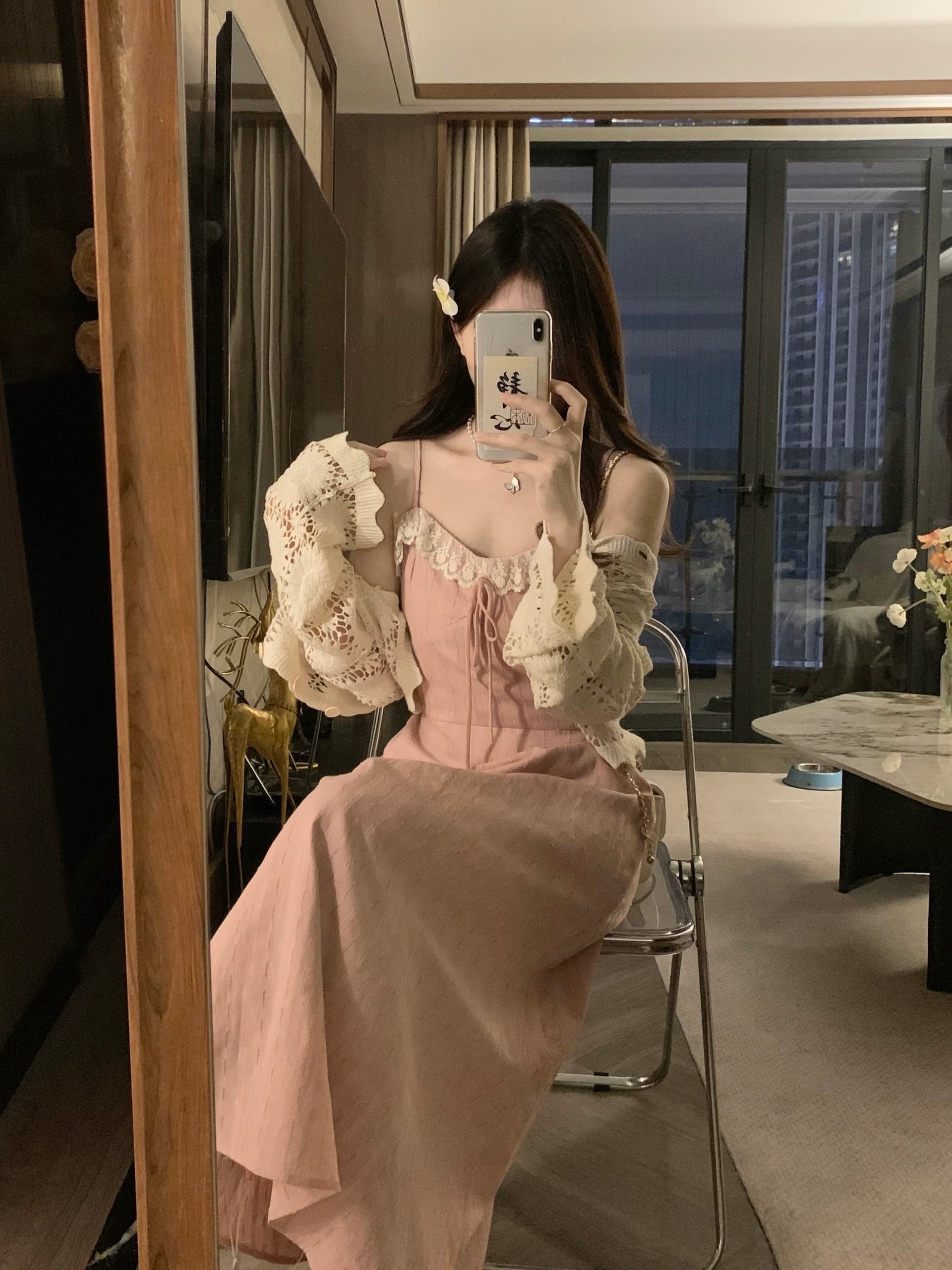 실사 지금 지금 빅 사이즈 봄 여름 새로운 홀로우 아웃 재킷 오픈 가디건 슬립 레이스 조각 드레스 소녀 세트 상세 이미지 4