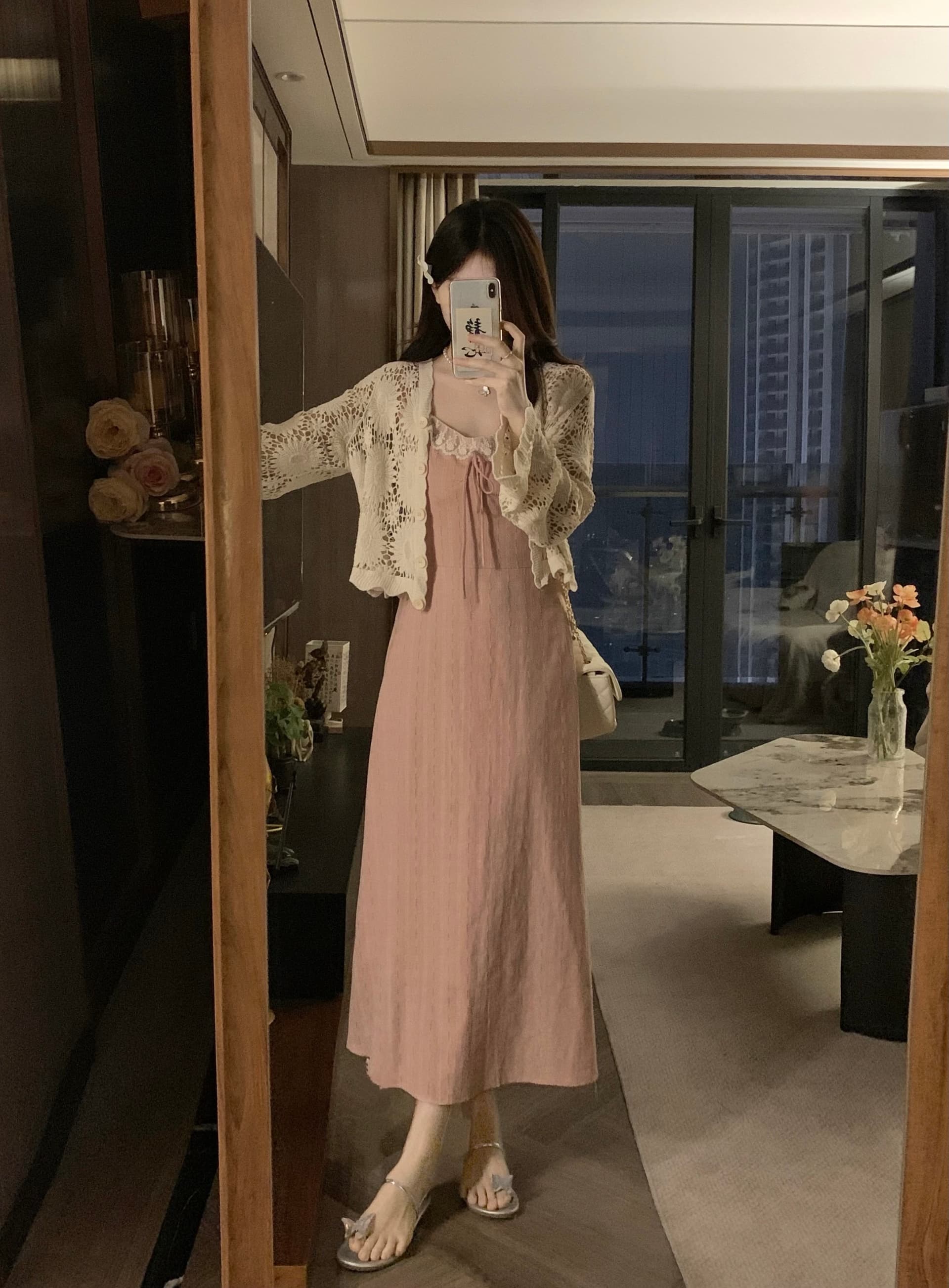 실사 지금 지금 빅 사이즈 봄 여름 새로운 홀로우 아웃 재킷 오픈 가디건 슬립 레이스 조각 드레스 소녀 세트 상세 이미지 5