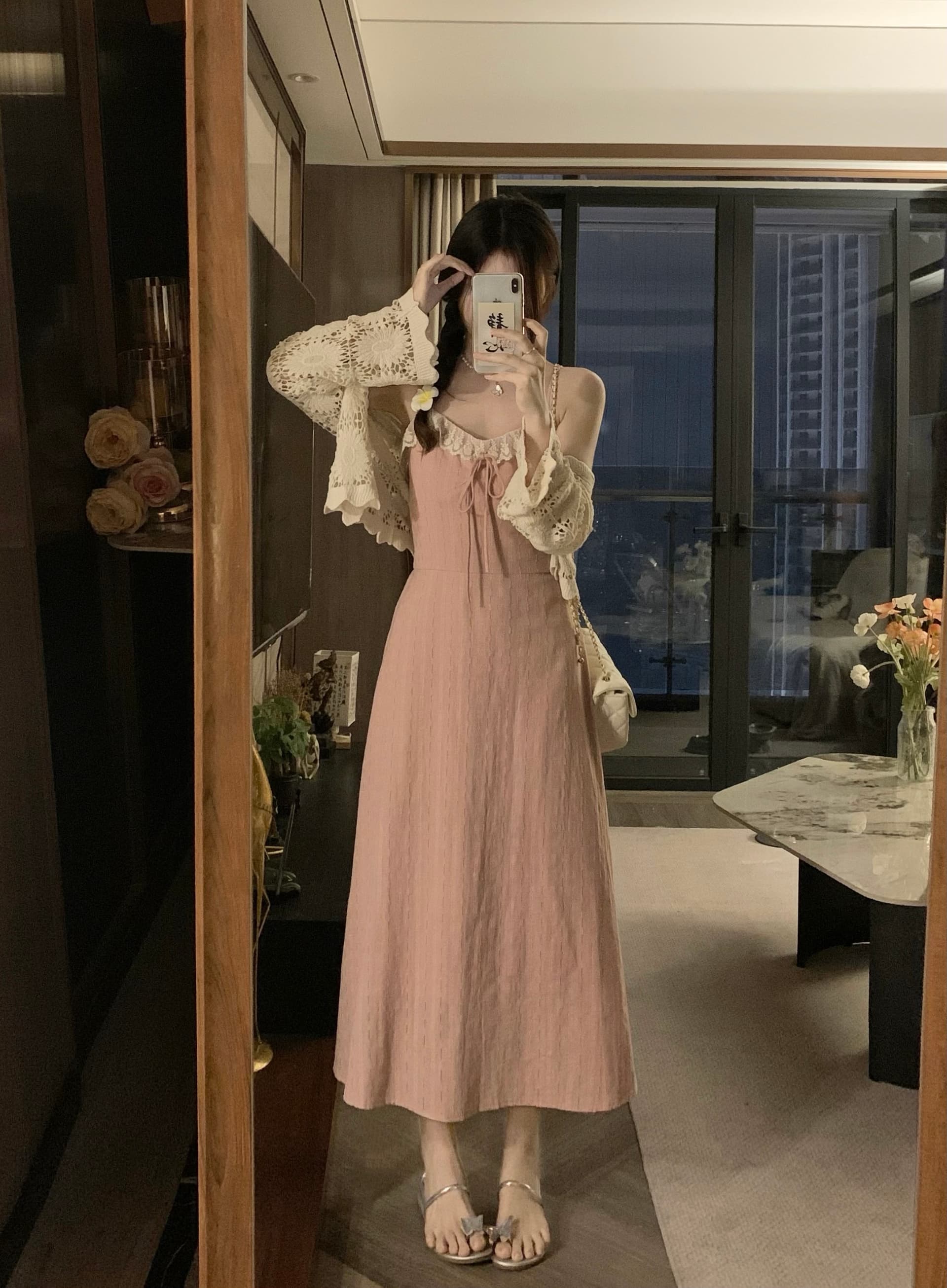 실사 지금 지금 빅 사이즈 봄 여름 새로운 홀로우 아웃 재킷 오픈 가디건 슬립 레이스 조각 드레스 소녀 세트 상세 이미지 7