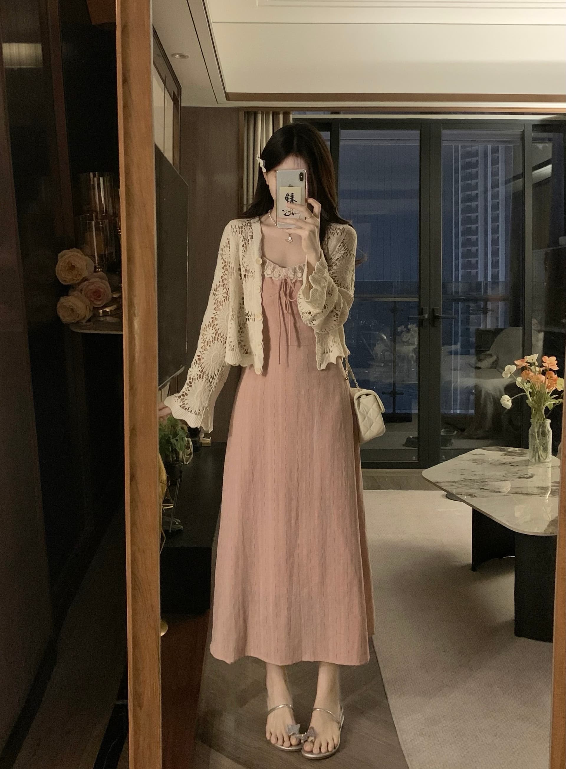 실사 지금 지금 빅 사이즈 봄 여름 새로운 홀로우 아웃 재킷 오픈 가디건 슬립 레이스 조각 드레스 소녀 세트 상세 이미지 8