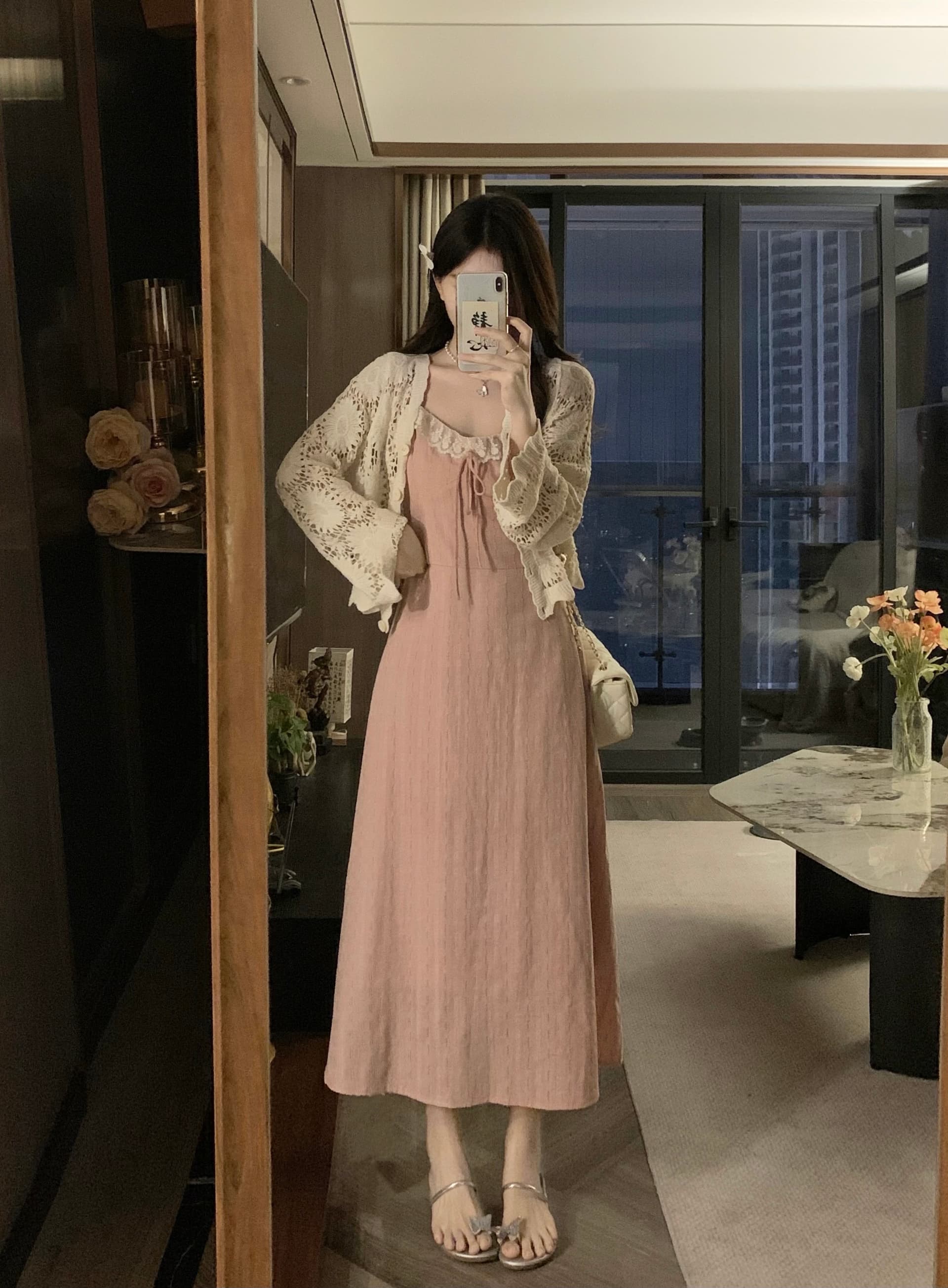 실사 지금 지금 빅 사이즈 봄 여름 새로운 홀로우 아웃 재킷 오픈 가디건 슬립 레이스 조각 드레스 소녀 세트 상세 이미지 10