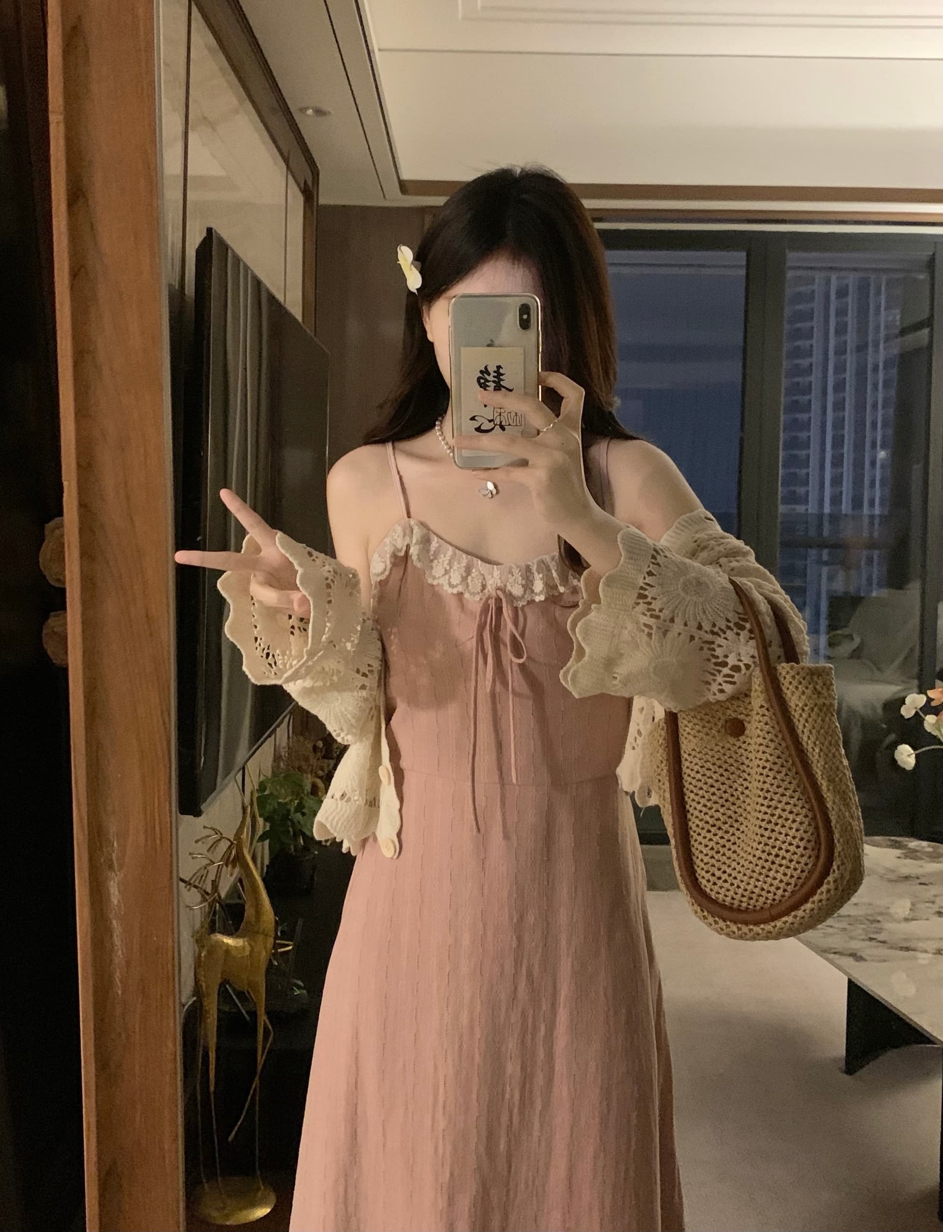 실사 지금 지금 빅 사이즈 봄 여름 새로운 홀로우 아웃 재킷 오픈 가디건 슬립 레이스 조각 드레스 소녀 세트 상세 이미지 12