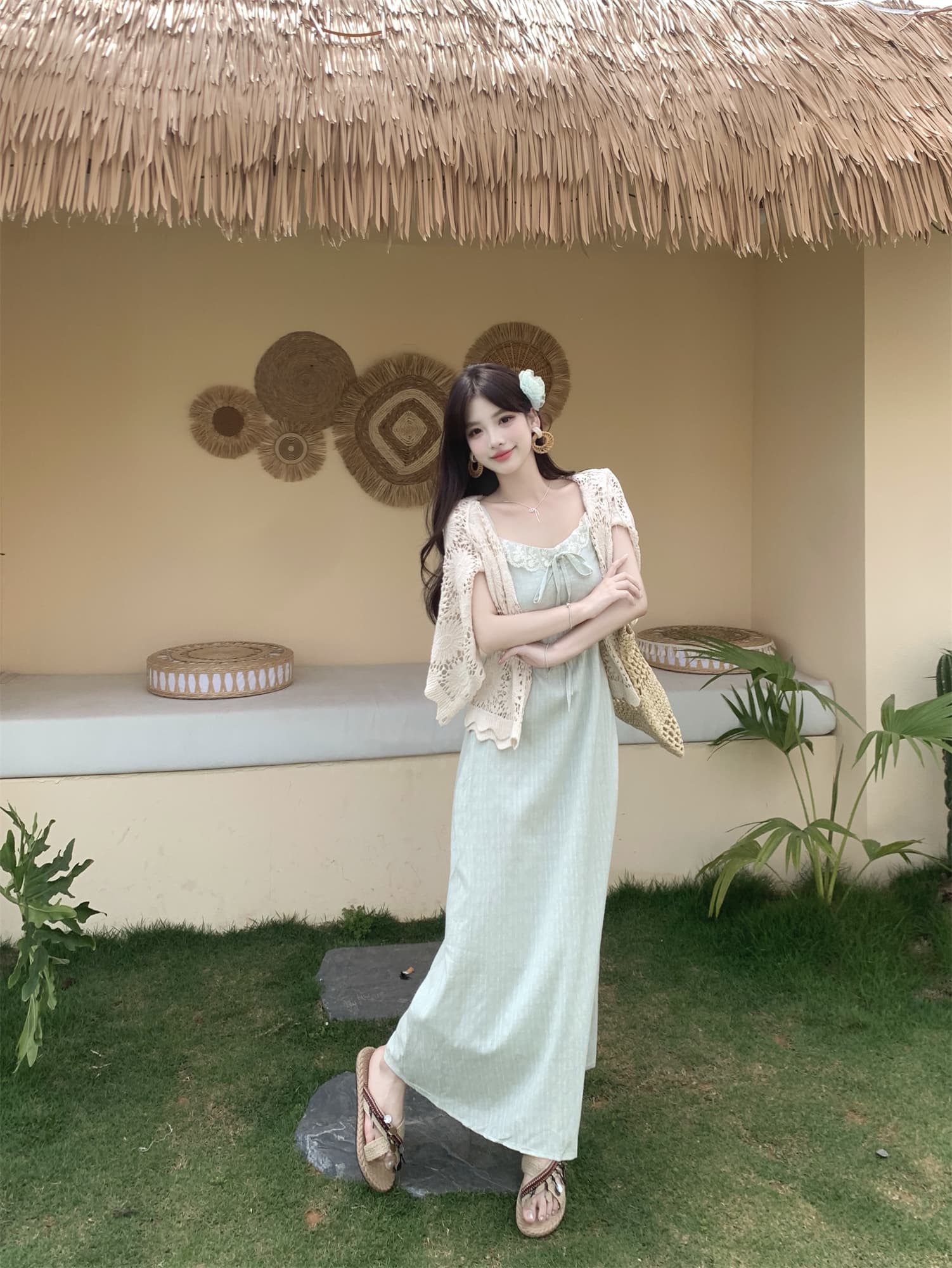 실사 지금 지금 빅 사이즈 봄 여름 새로운 홀로우 아웃 재킷 오픈 가디건 슬립 레이스 조각 드레스 소녀 세트 상세 이미지 14