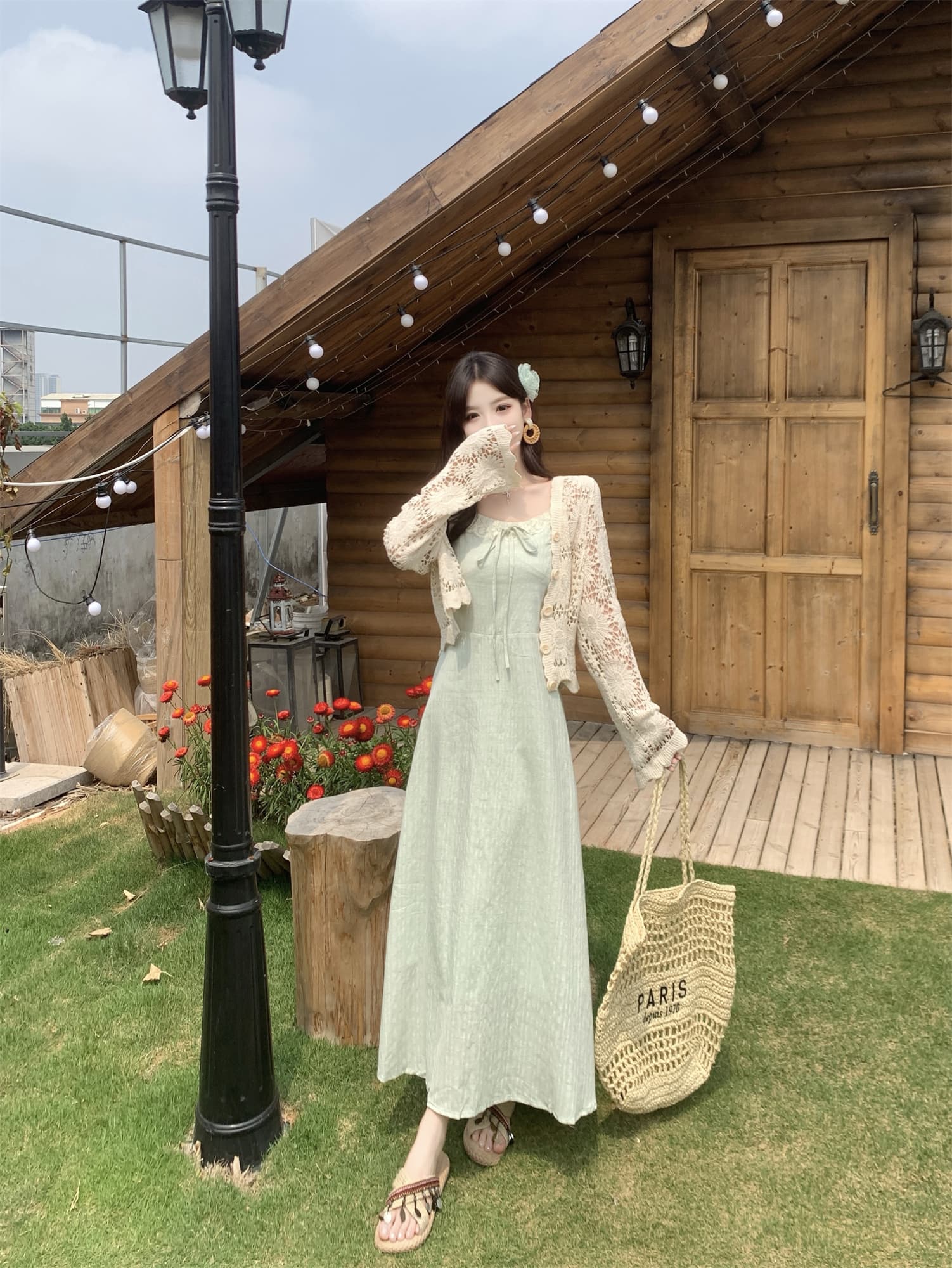 실사 지금 지금 빅 사이즈 봄 여름 새로운 홀로우 아웃 재킷 오픈 가디건 슬립 레이스 조각 드레스 소녀 세트 상세 이미지 19