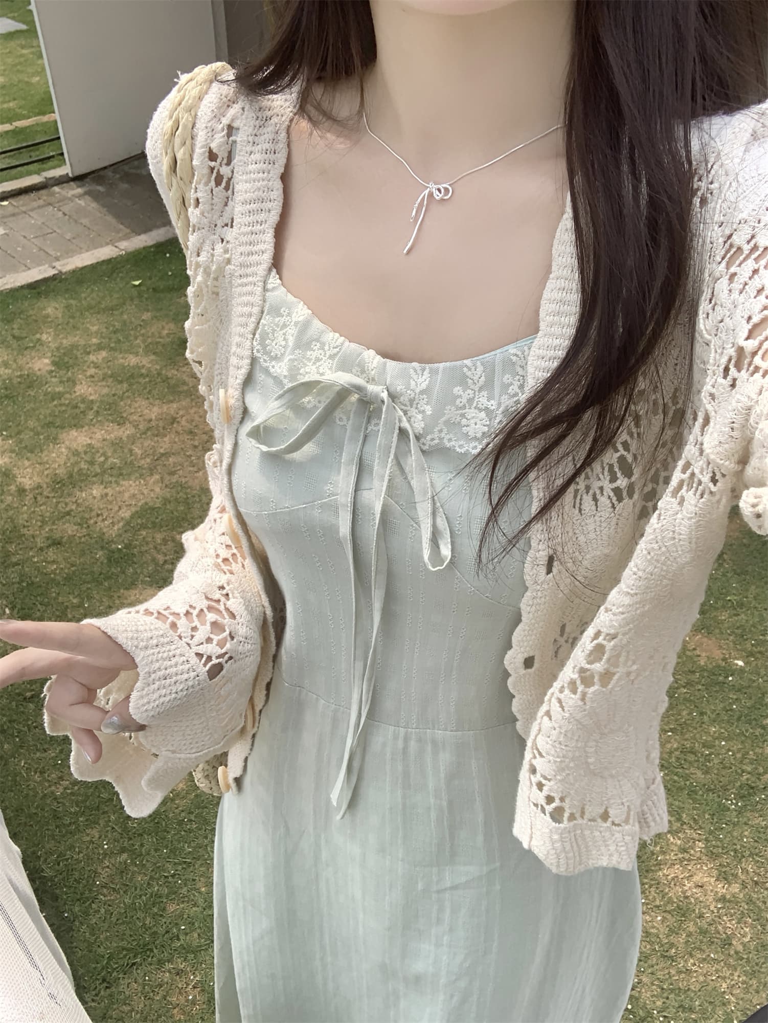실사 지금 지금 빅 사이즈 봄 여름 새로운 홀로우 아웃 재킷 오픈 가디건 슬립 레이스 조각 드레스 소녀 세트 상세 이미지 21