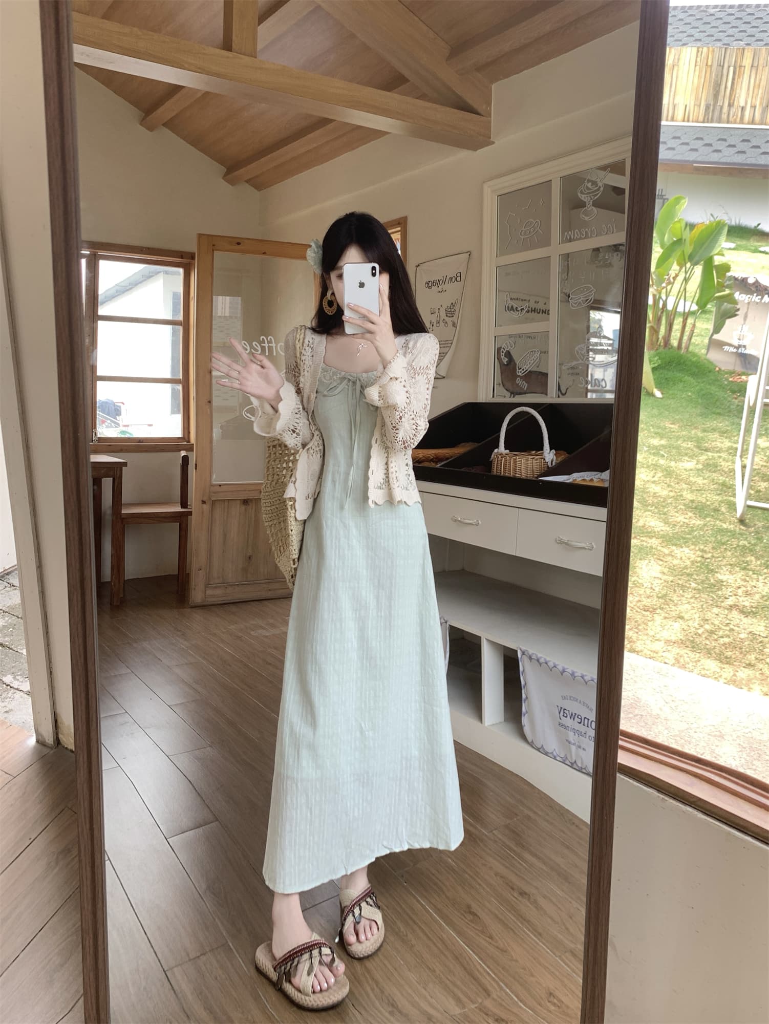 실사 지금 지금 빅 사이즈 봄 여름 새로운 홀로우 아웃 재킷 오픈 가디건 슬립 레이스 조각 드레스 소녀 세트 상세 이미지 22