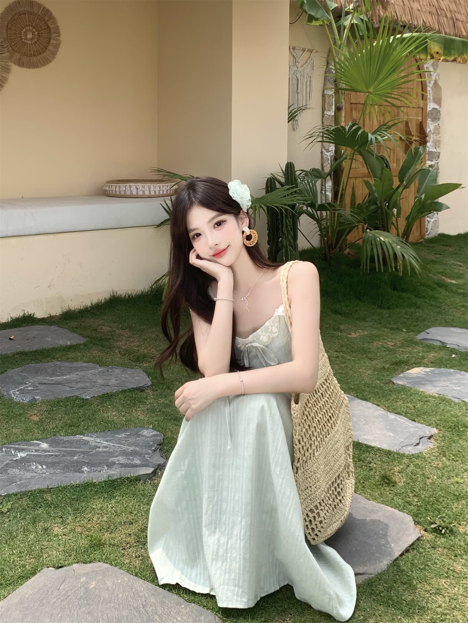 실사 지금 지금 빅 사이즈 봄 여름 새로운 홀로우 아웃 재킷 오픈 가디건 슬립 레이스 조각 드레스 소녀 세트 상세 이미지 23