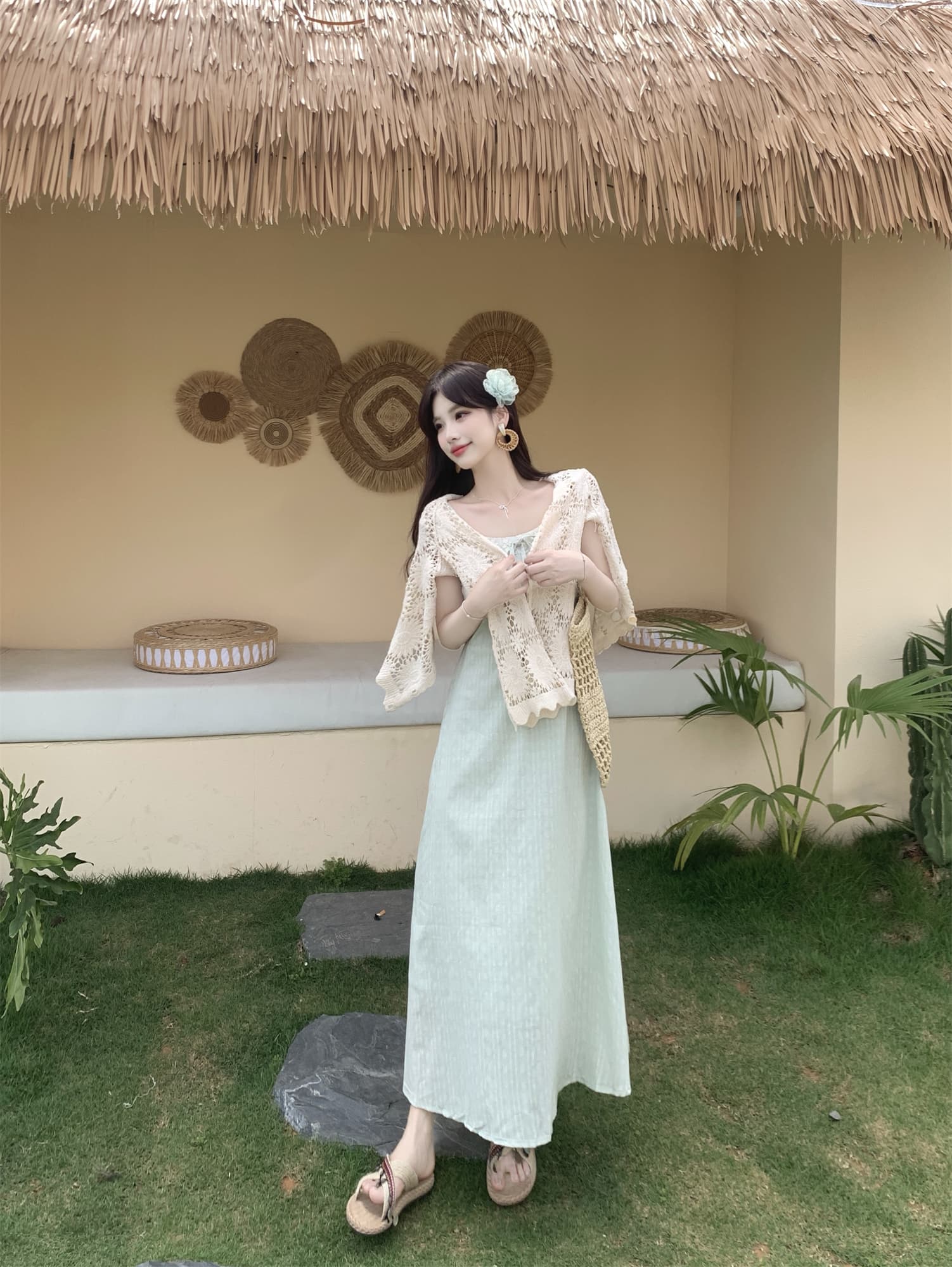 실사 지금 지금 빅 사이즈 봄 여름 새로운 홀로우 아웃 재킷 오픈 가디건 슬립 레이스 조각 드레스 소녀 세트 상세 이미지 24