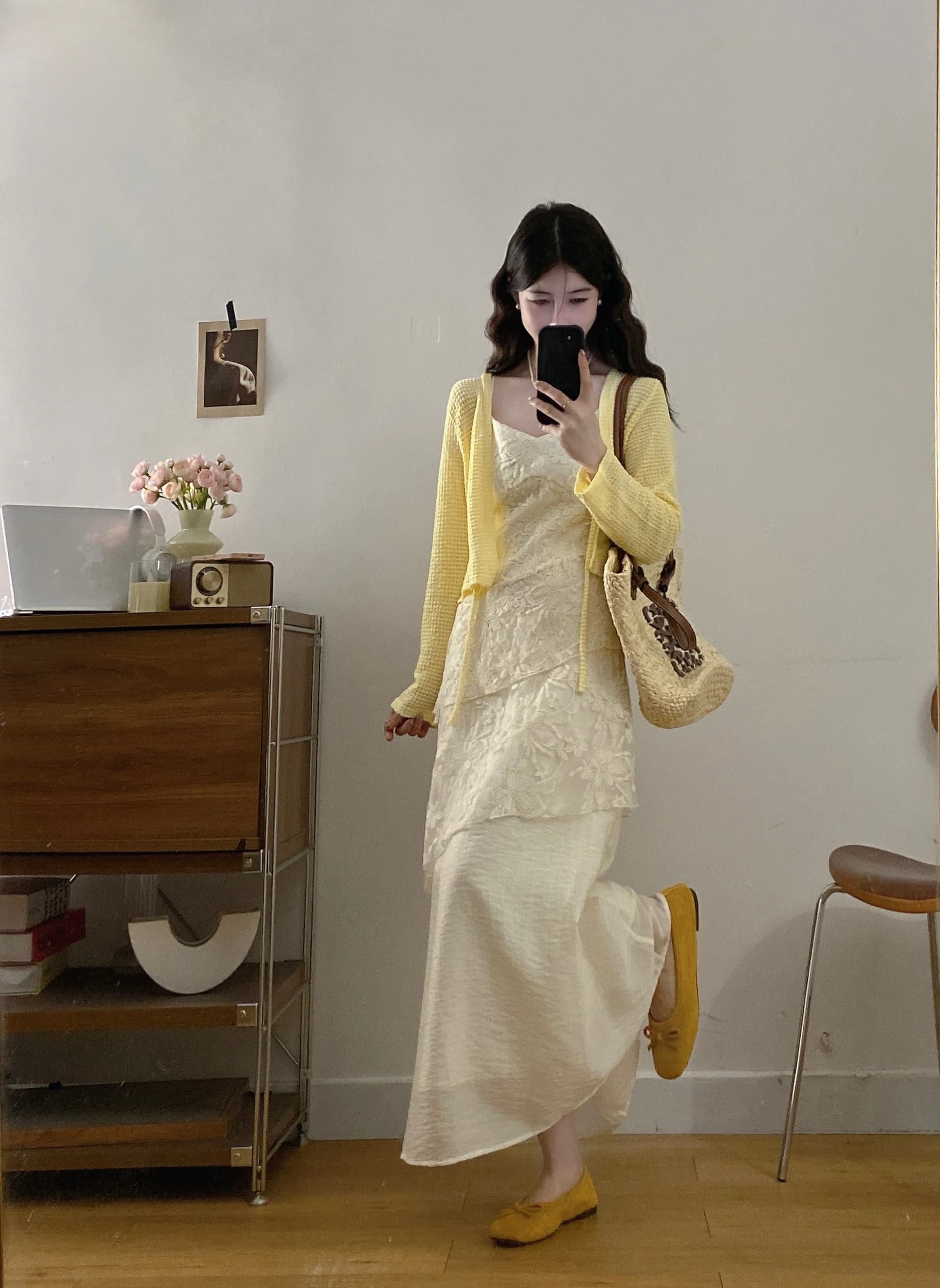 실사 지금 지금 이른 봄 새로운 빅 사이즈 슬립 레이스 조각 드레스 다용도 긴팔 오픈 가디건 투피스 슈트 상세 이미지 4