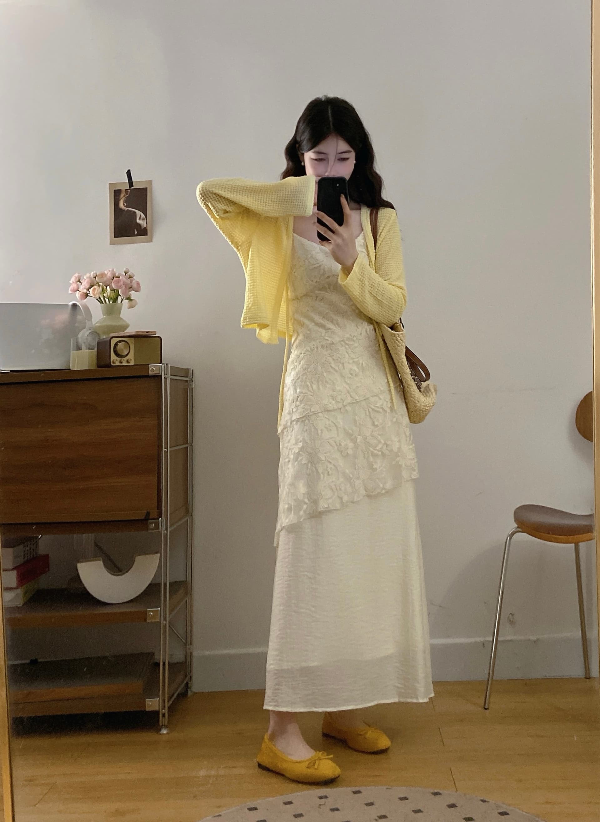 실사 지금 지금 이른 봄 새로운 빅 사이즈 슬립 레이스 조각 드레스 다용도 긴팔 오픈 가디건 투피스 슈트 상세 이미지 5
