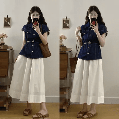 실사 지금 지금 빅 사이즈 여름 데님 반팔 허리 수축 맨위 반신 스커트 투피스 슈트