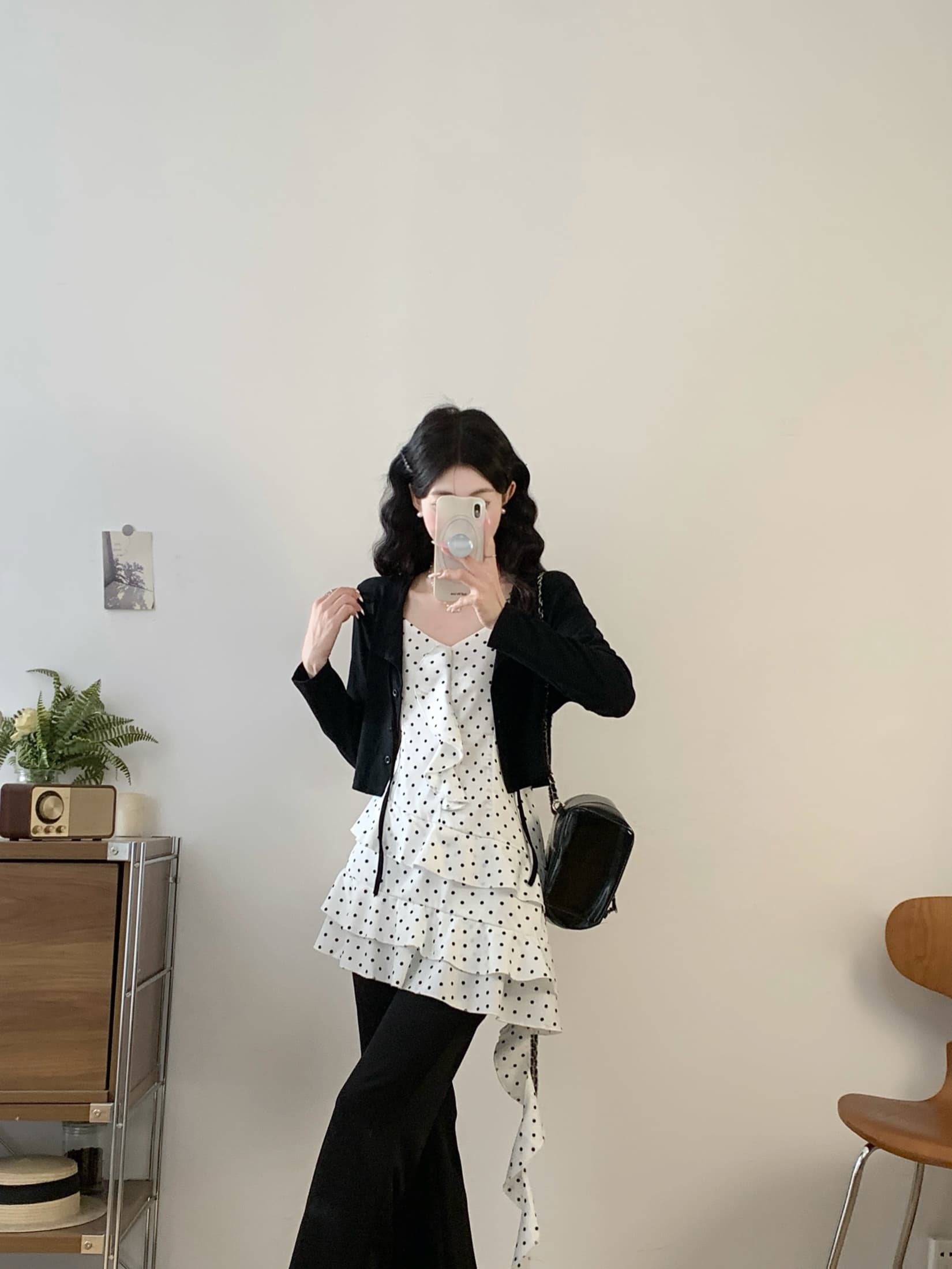 실사 지금 지금 빅 사이즈 봄 여름 도트 무늬 슬립 슬림해 보이는 불규칙 맨위 오픈 가디건 부츠컷 바지 세 조각 세트 상세 이미지 4
