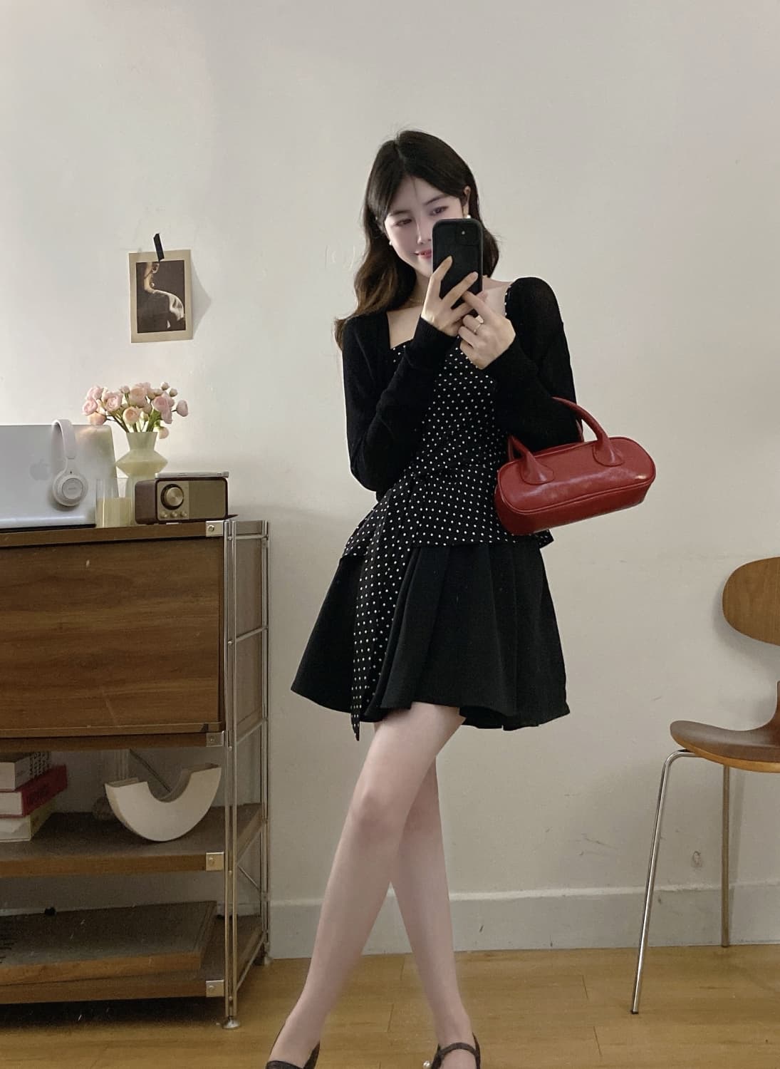 실사 지금 지금 여름 새로운 얼음 실크 자외선 차단 오픈 가디건 프랑스식 레트로 도트 무늬 슬림해 보이는 반신 스커트 세 조각 세트 이미지 2