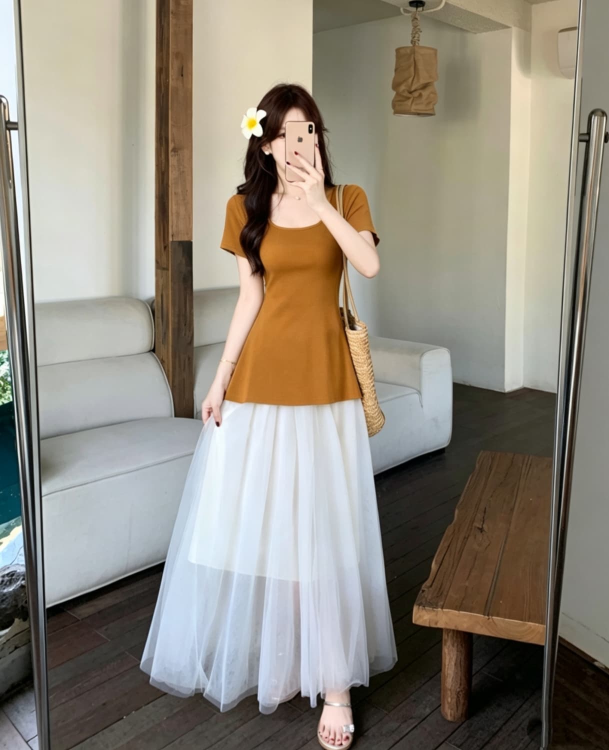 실사 빅 사이즈 여름 새로운 슬림해 보이는 반팔 허리 수축 맨위 망사 치마 휴가 요정 치마 투피스 슈트 이미지 4