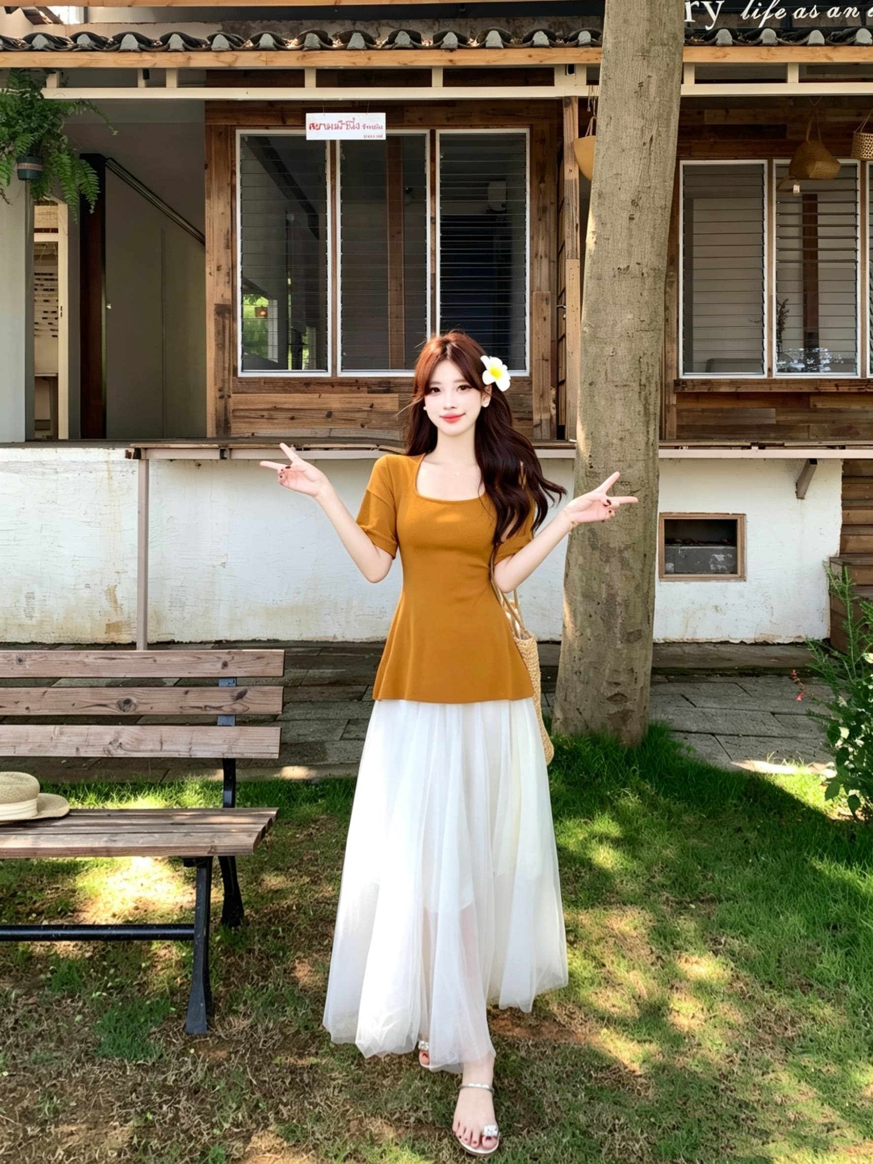 실사 빅 사이즈 여름 새로운 슬림해 보이는 반팔 허리 수축 맨위 망사 치마 휴가 요정 치마 투피스 슈트 상세 이미지 1