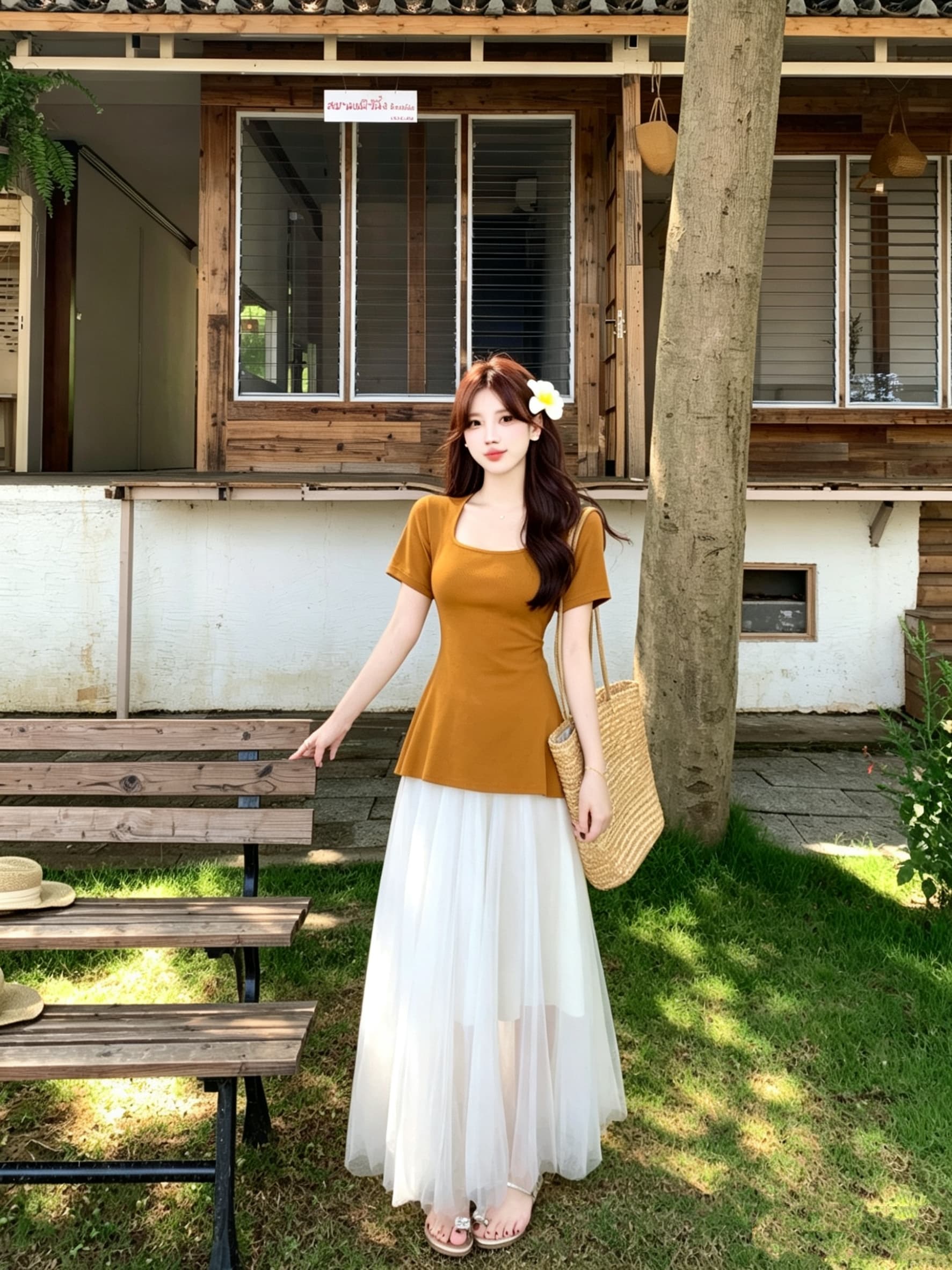 실사 빅 사이즈 여름 새로운 슬림해 보이는 반팔 허리 수축 맨위 망사 치마 휴가 요정 치마 투피스 슈트 상세 이미지 2