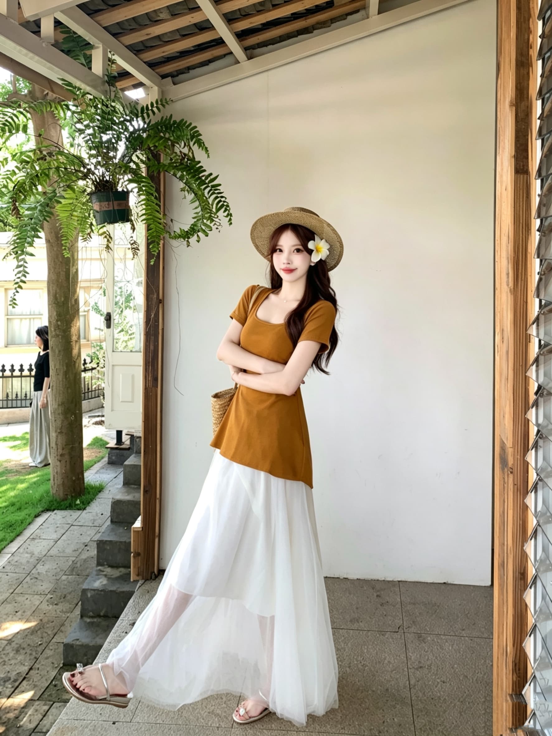 실사 빅 사이즈 여름 새로운 슬림해 보이는 반팔 허리 수축 맨위 망사 치마 휴가 요정 치마 투피스 슈트 상세 이미지 6