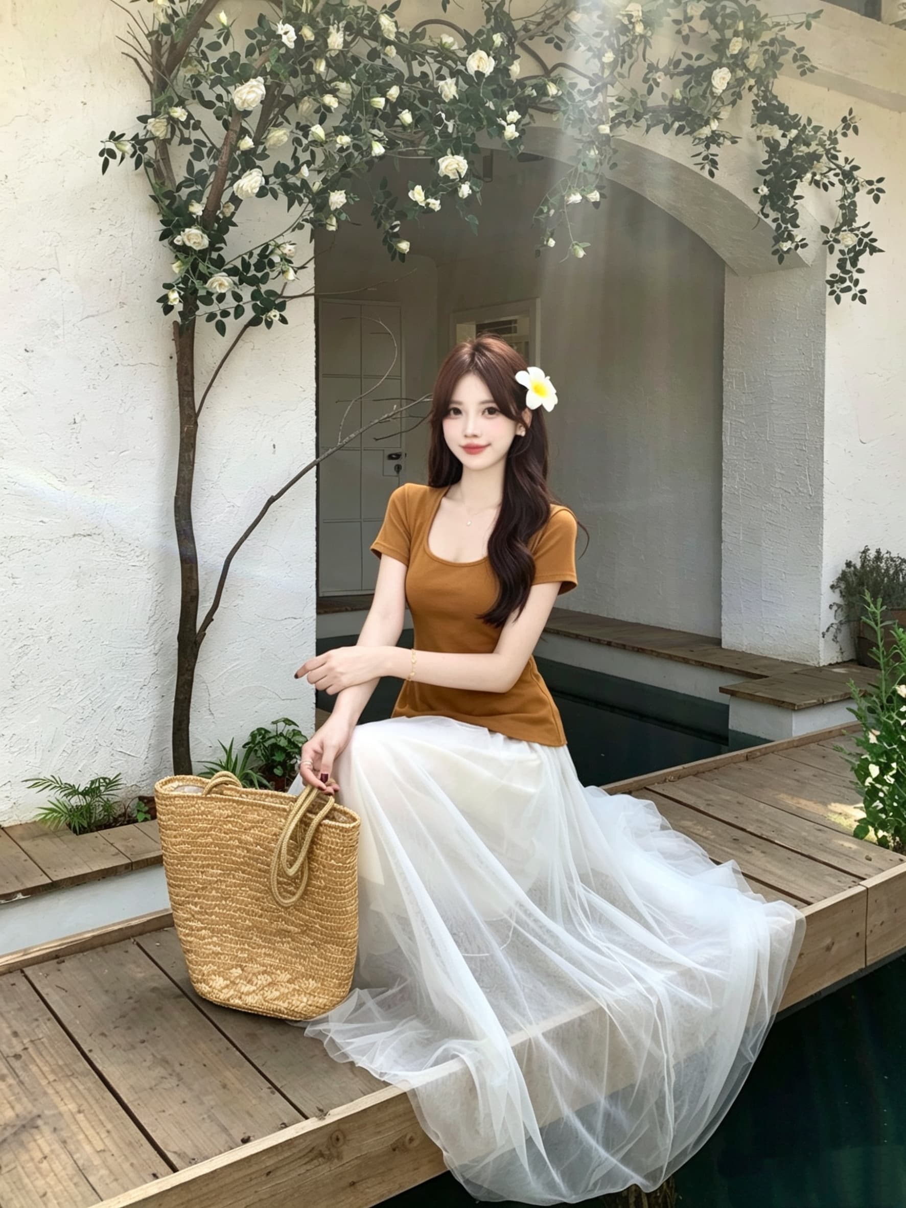 실사 빅 사이즈 여름 새로운 슬림해 보이는 반팔 허리 수축 맨위 망사 치마 휴가 요정 치마 투피스 슈트 상세 이미지 8