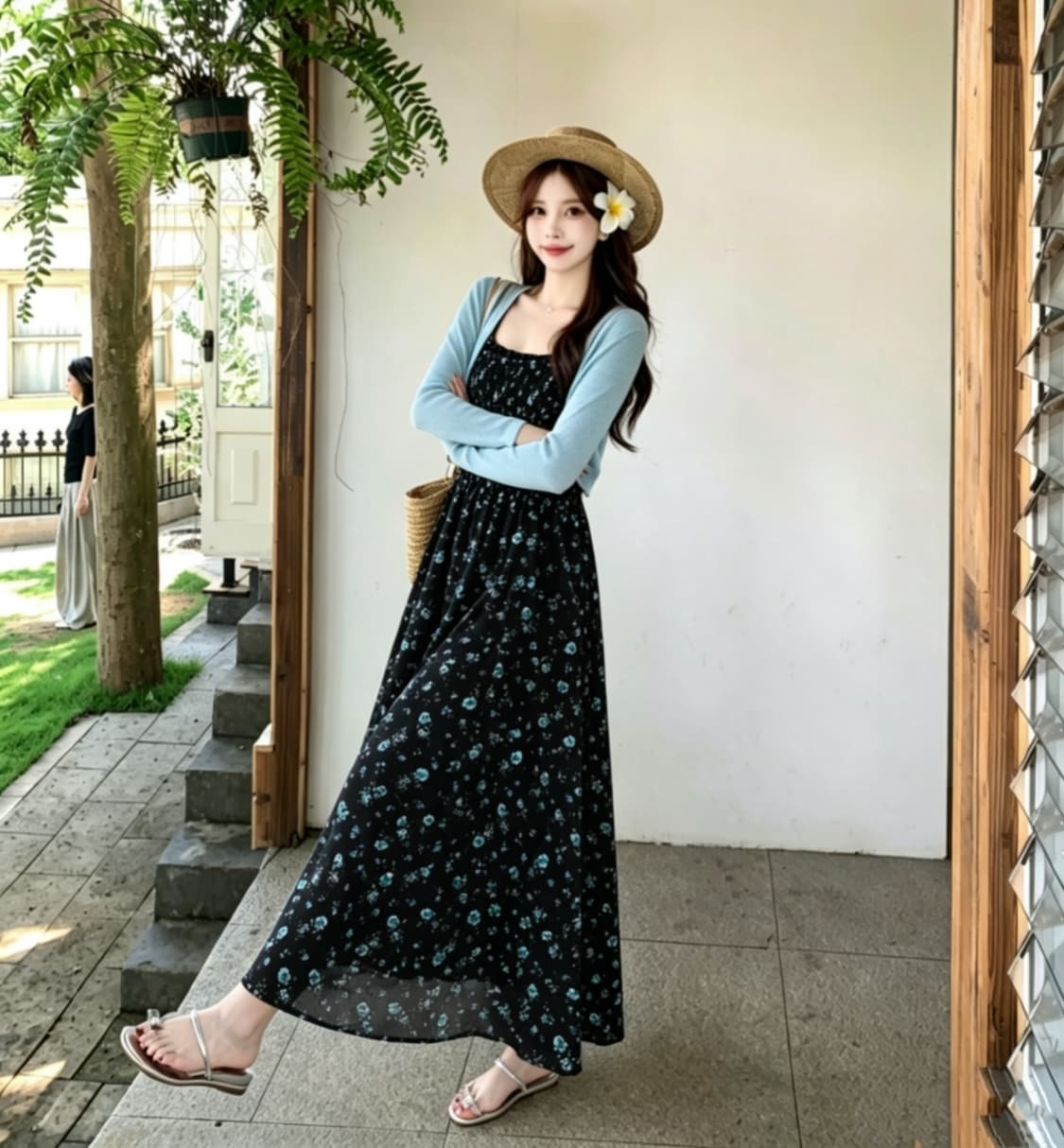 빅 사이즈 해변가 휴가 기다려라. 꽃무늬 슬립 여름 부드러운 바람 슬림해 보이는 프랑스식 롱 스커트 이미지 4