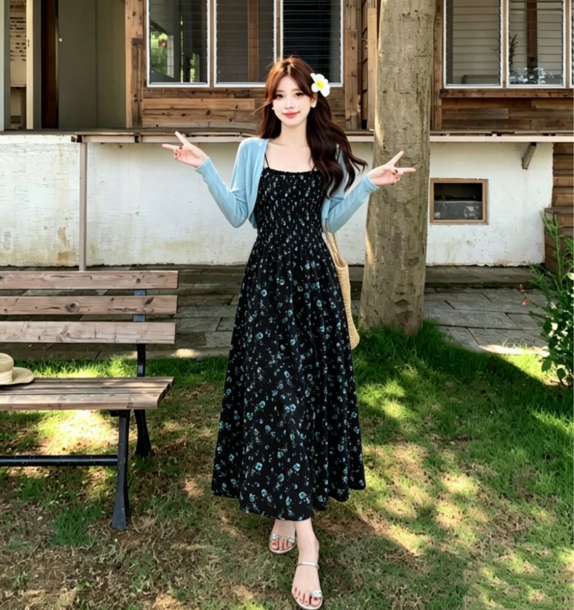 빅 사이즈 해변가 휴가 기다려라. 꽃무늬 슬립 여름 부드러운 바람 슬림해 보이는 프랑스식 롱 스커트 이미지 5