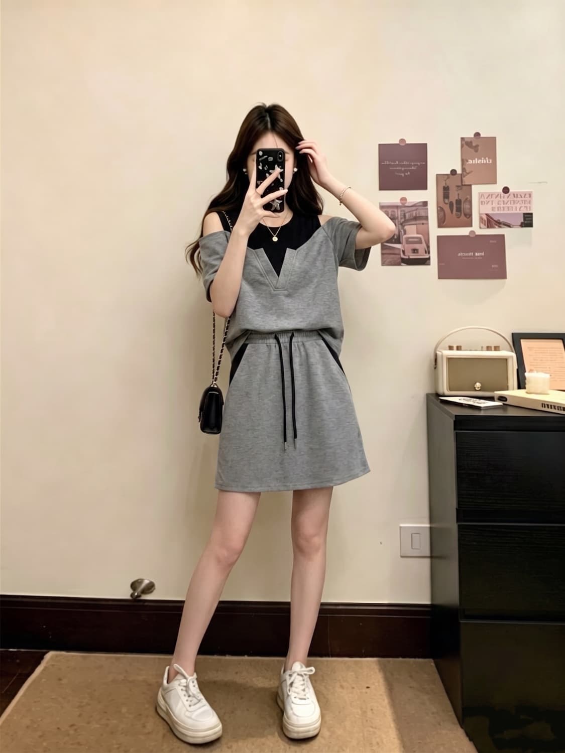 실사 마이크로 지방 여성 의류 외국 가스 패션 품격 여름 페이크 레이어드 티셔츠 치마 슬림해 보이는 세트 상세 이미지 7
