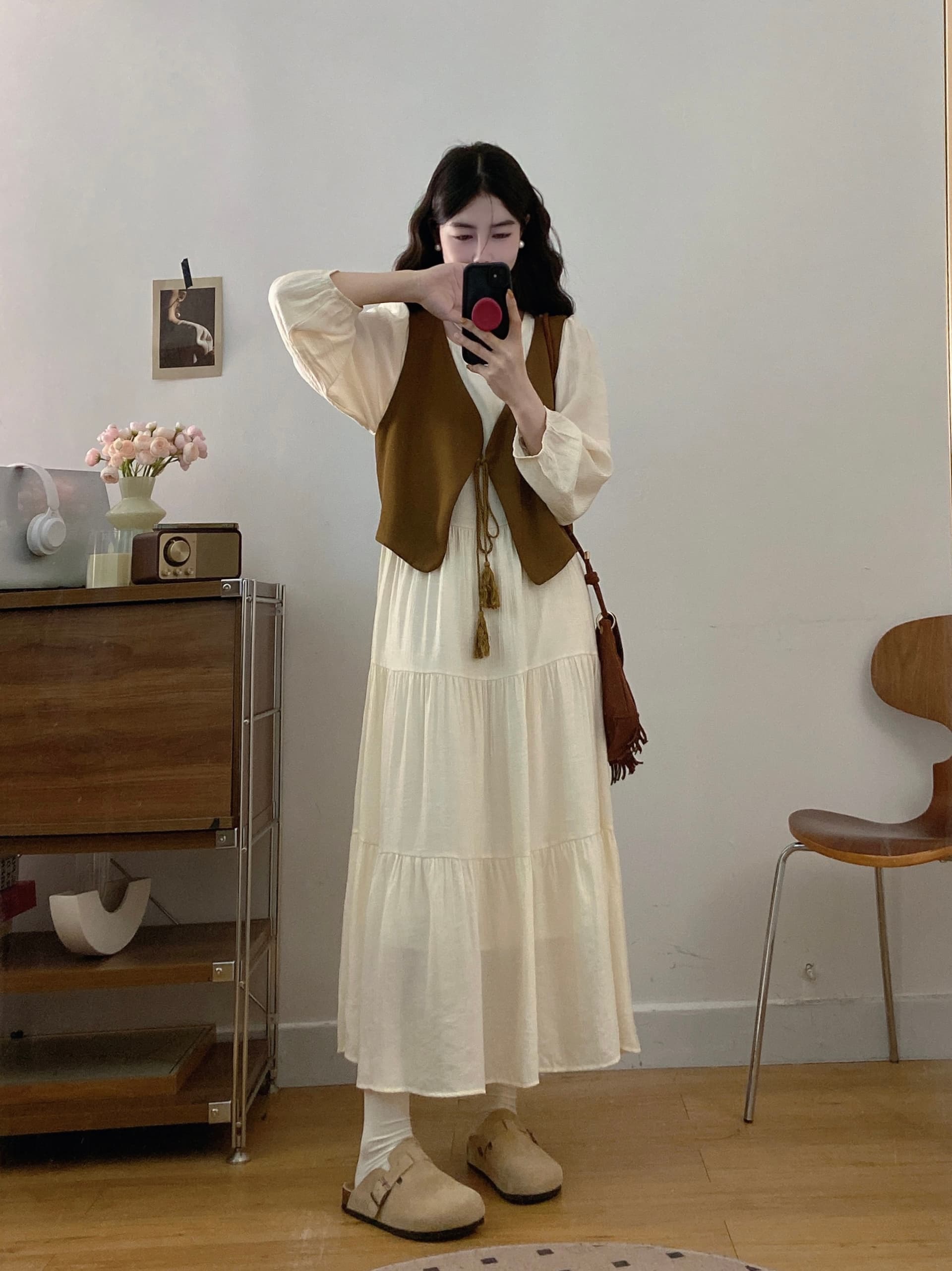 빅 사이즈 가을 겨울 새로운 긴팔 드레스 롱 스커트 투피스 세트 베스트 오픈 가디건 휴가 바람 세트 상세 이미지 5