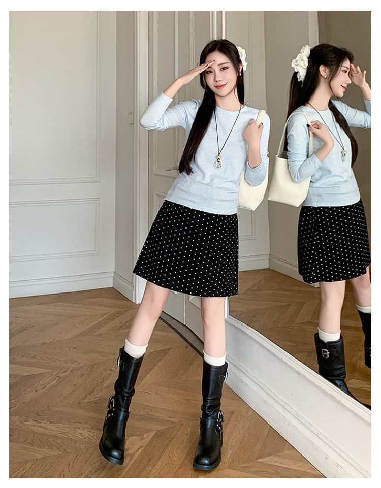 임산부 레트로 도트 무늬 반신 스커트 여성 가을 겨울철 새로운 펌프 로프 조정 표지 넓적 다리 노출 방지 한 마디 반신 스커트 상세 이미지 9