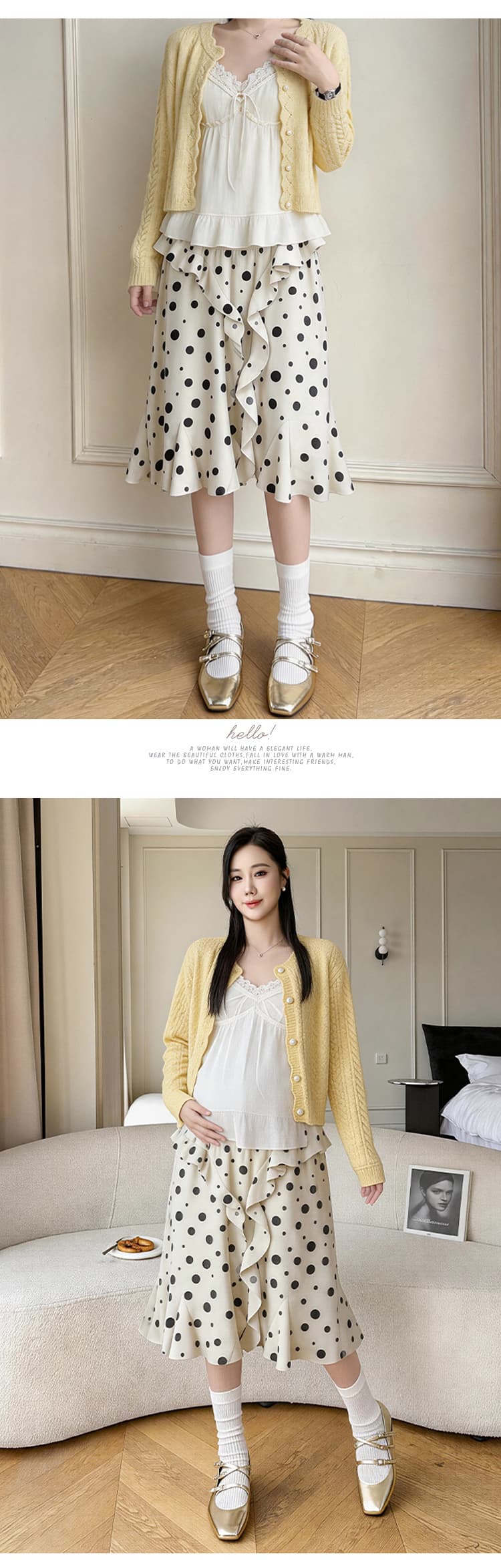 임산부 레트로 도트 무늬 쉬폰 반신 스커트 여성 여름 얇은 스타일 하이웨이스트 복부 지지 한 마디 프릴 대 치마 중간 스커트 상세 이미지 11
