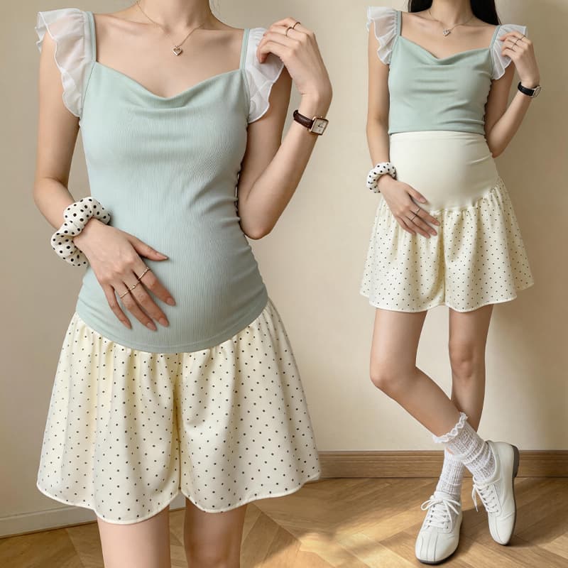 임산부 쉬폰 도트 무늬 반바지 여성 2026 하이웨이스트 복부 지지 반신 임산부 미니 스커트 바지 여름 캐주얼 출산 착용 이미지 3