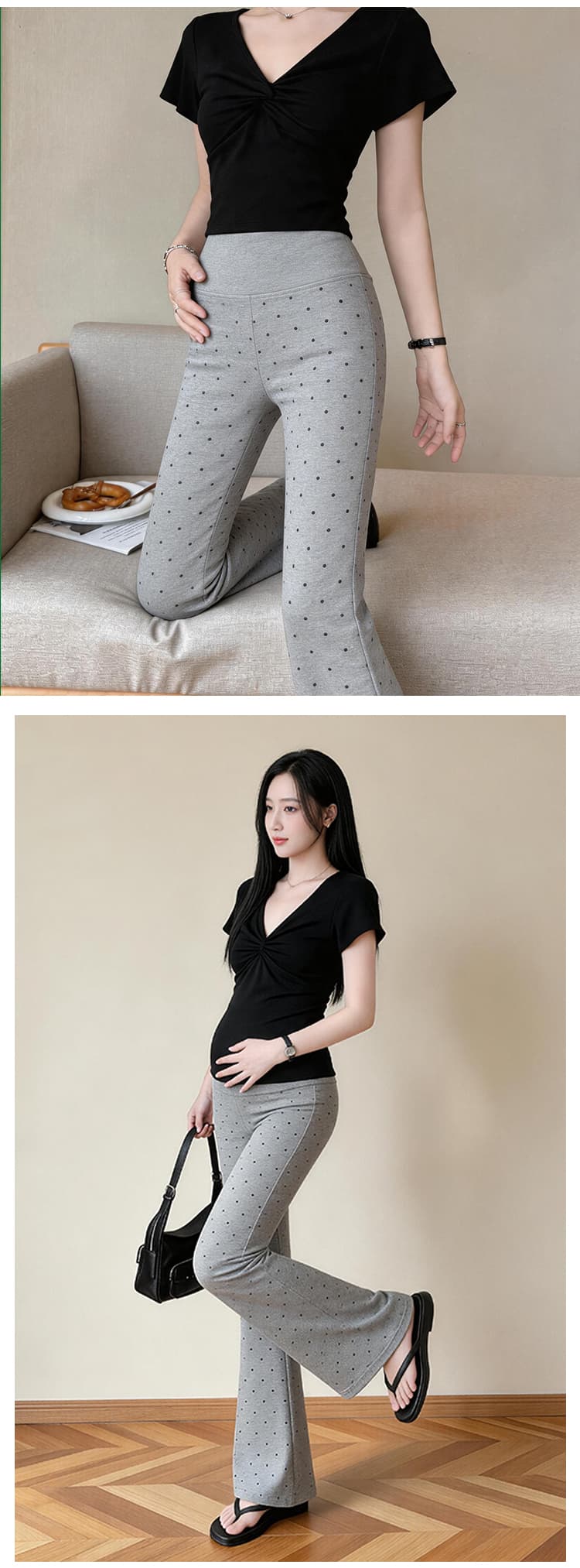 임산부 높음 폭탄 순면 도트 무늬 부츠컷 바지 여성 여름 얇은 스타일 지방 mm 하이웨이스트 슬림해 보이는 루즈핏 요가 운동 바지 바지 상세 이미지 7