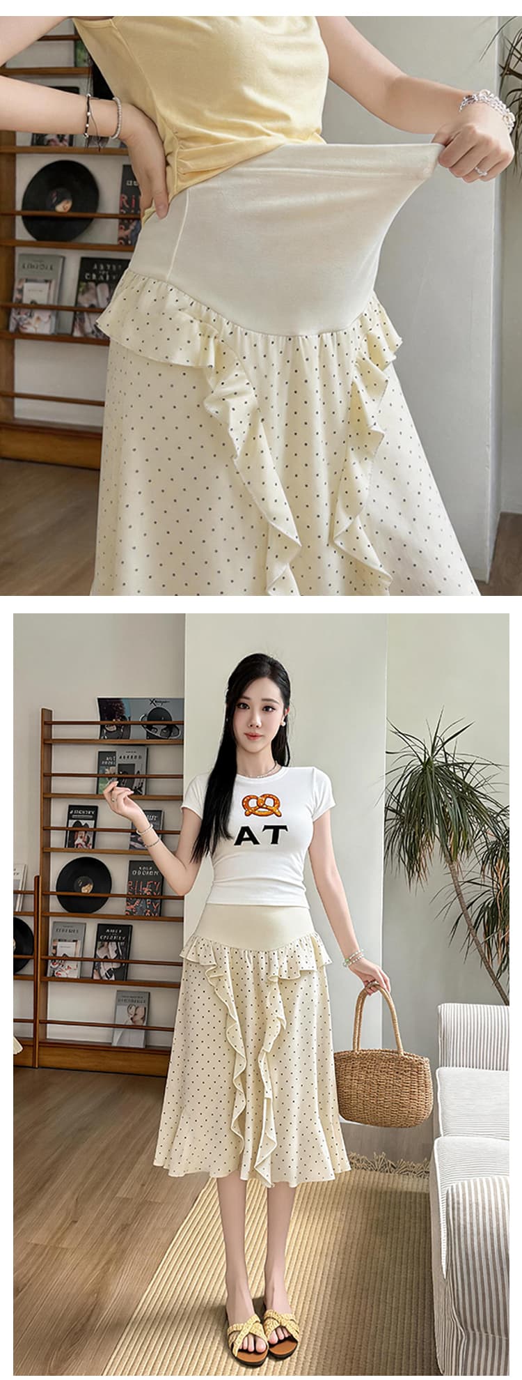 임산부 작은 도트 무늬 프릴 반신 스커트 여름 2026 새로운 쉬폰 한 마디 하이웨이스트 복부 지지 작은 키 중간 스커트 상세 이미지 6