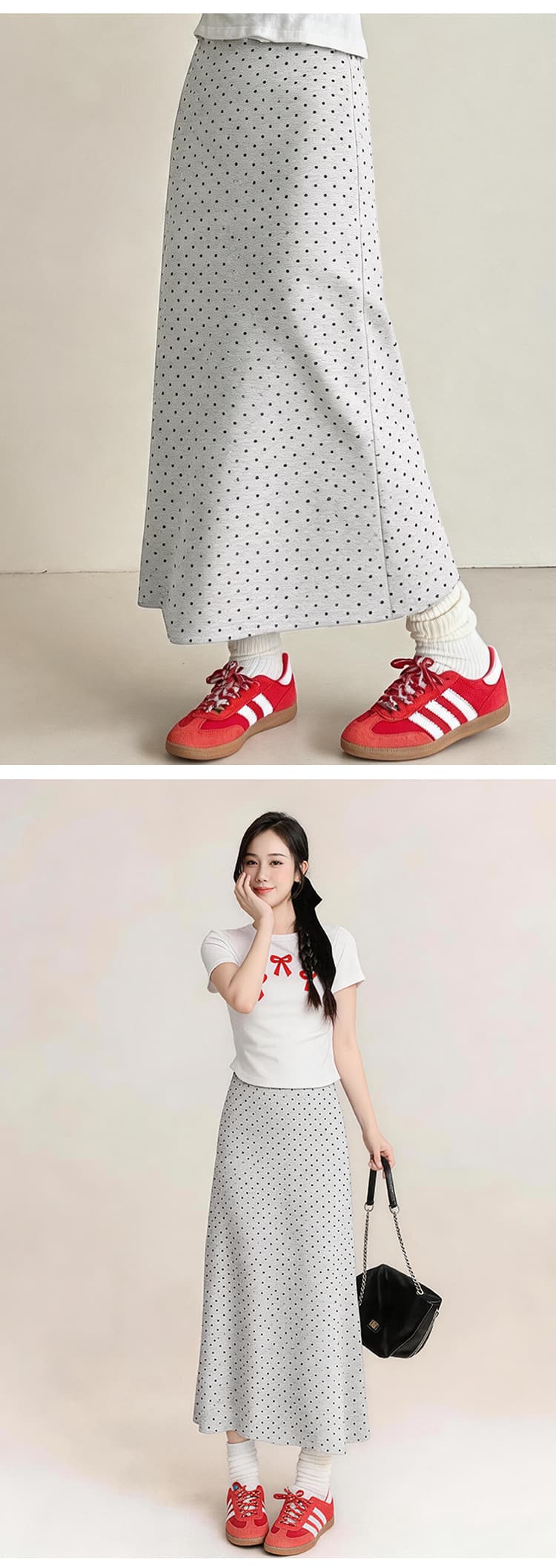레트로 도트 무늬 임산부 반신 스커트 봄 가을 복부 지지 인어 꼬리 롱 스커트 수 있습니다. 조정 하이웨이스트 임신 엄마 중간 길이 치마 상세 이미지 14
