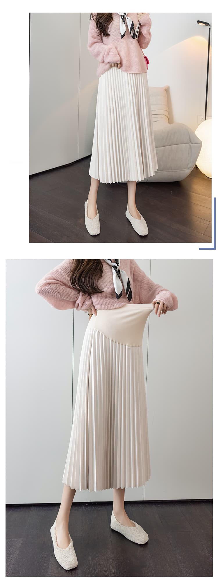 임산부 반신 스커트 봄 가을 외출용 패션 플리츠 스커트 부드러운 모직 치마 플리츠 다용도 슬림해 보이는 봄 가을 롱 스커트 상세 이미지 13