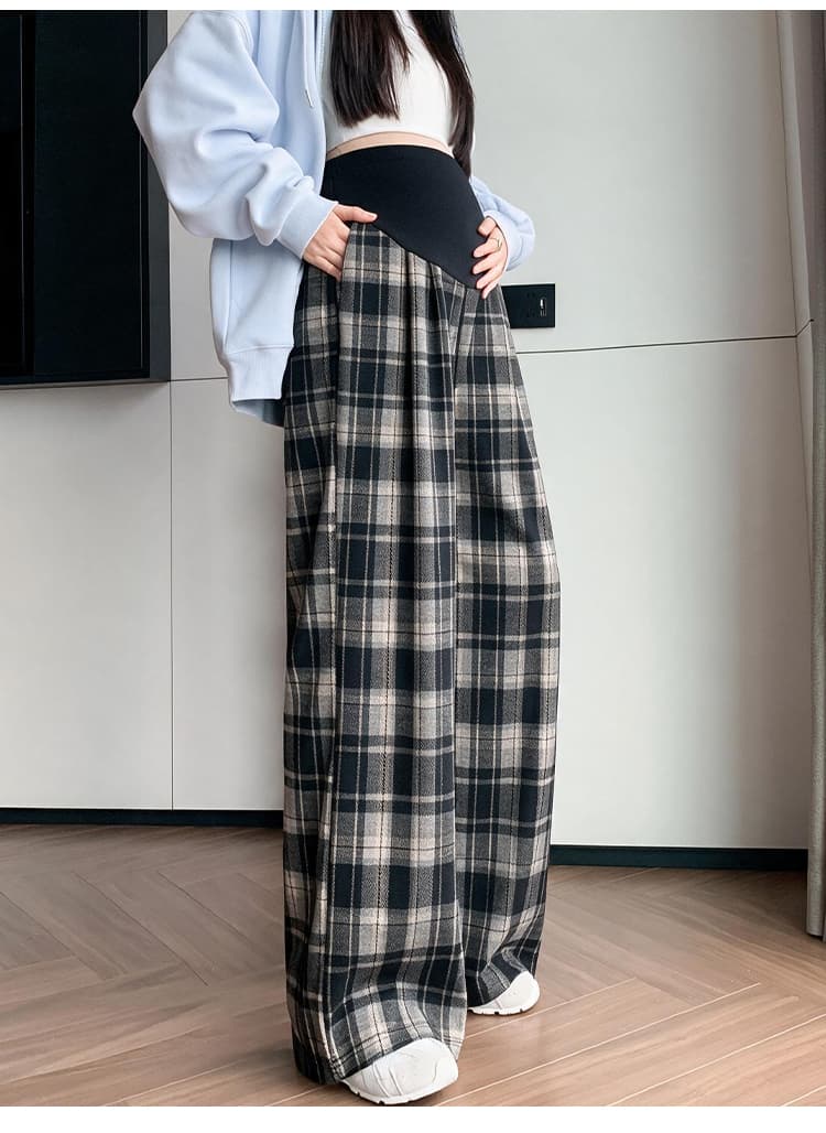 임산부 바지 봄 가을 외출용 와이드 레그 팬츠 아니요 르 배 2026 새로운 봄 여름 얇은 스타일 레트로 체크무늬 스트레이트 팬츠 상세 이미지 13