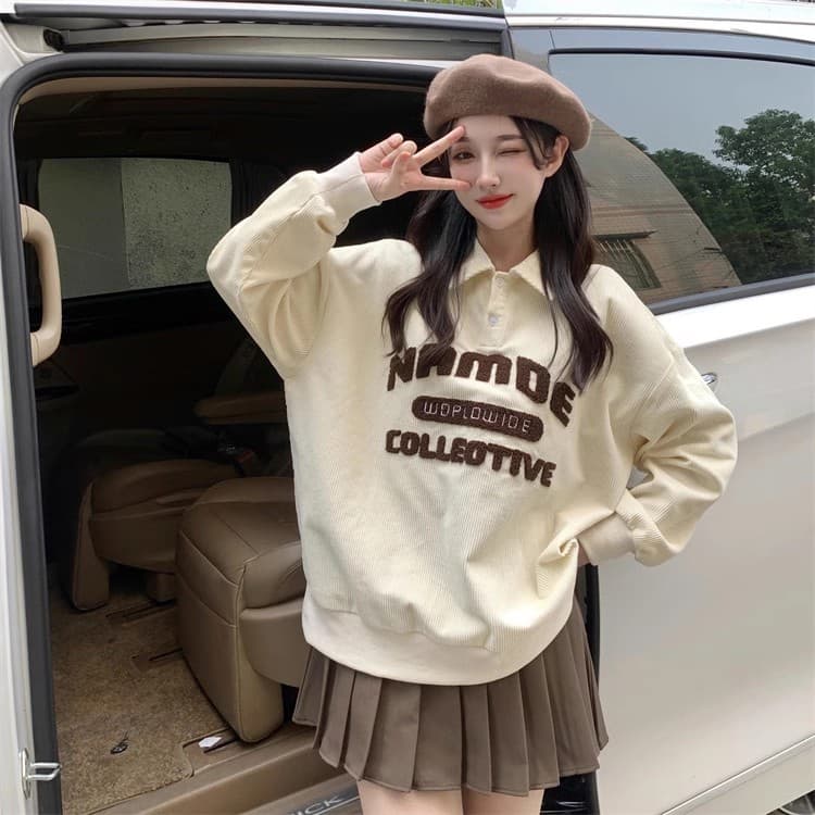 빅 사이즈 여성 의류 레트로 코듀로이 good 자수 폴로 칼라 POLO 셔츠 긴팔