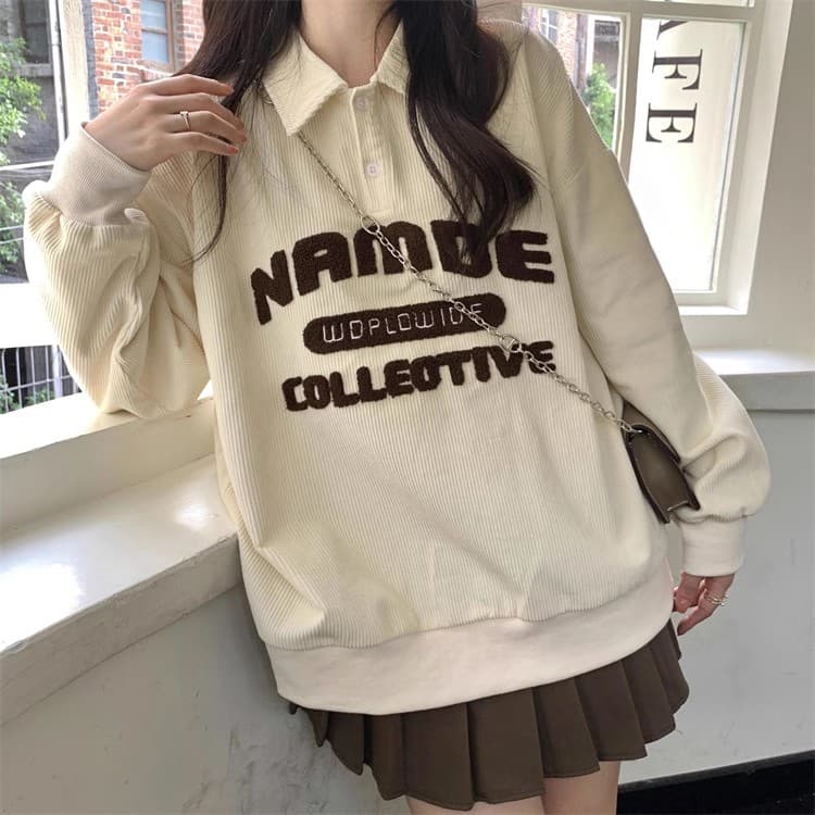 빅 사이즈 여성 의류 레트로 코듀로이 good 자수 폴로 칼라 POLO 셔츠 긴팔 이미지 2