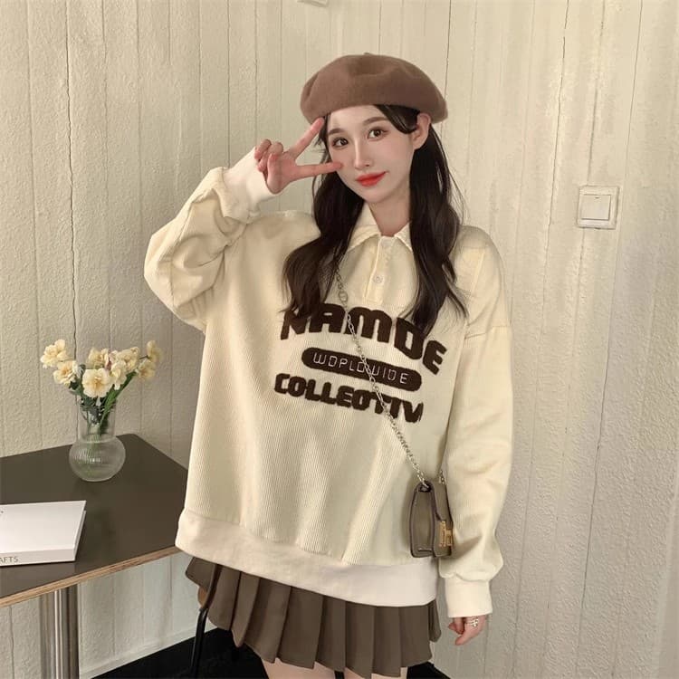 빅 사이즈 여성 의류 레트로 코듀로이 good 자수 폴로 칼라 POLO 셔츠 긴팔 이미지 3