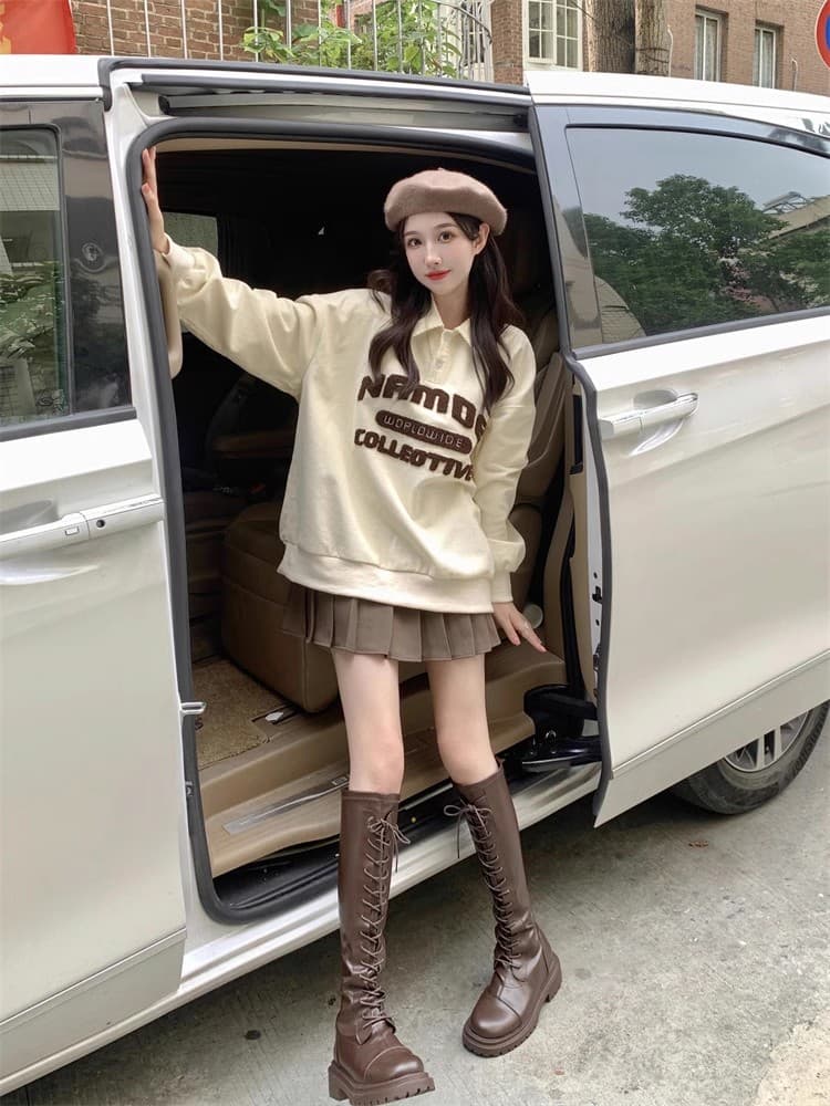 빅 사이즈 여성 의류 레트로 코듀로이 good 자수 폴로 칼라 POLO 셔츠 긴팔 상세 이미지 3