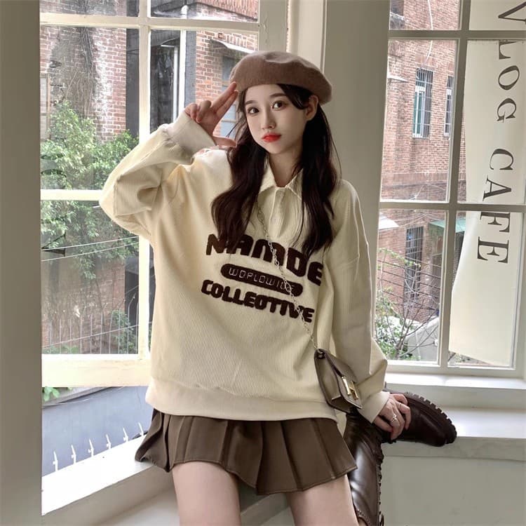 빅 사이즈 여성 의류 레트로 코듀로이 good 자수 폴로 칼라 POLO 셔츠 긴팔 상세 이미지 5