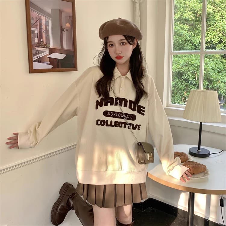 빅 사이즈 여성 의류 레트로 코듀로이 good 자수 폴로 칼라 POLO 셔츠 긴팔 상세 이미지 6