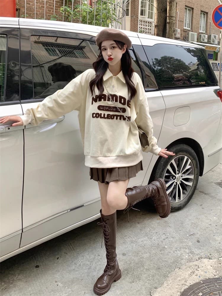 빅 사이즈 여성 의류 레트로 코듀로이 good 자수 폴로 칼라 POLO 셔츠 긴팔 상세 이미지 10