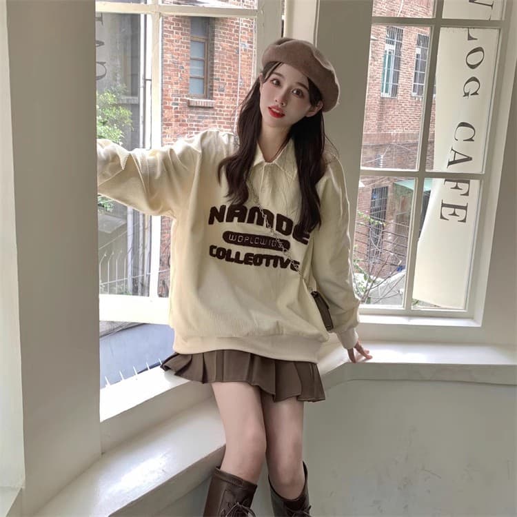 빅 사이즈 여성 의류 레트로 코듀로이 good 자수 폴로 칼라 POLO 셔츠 긴팔 상세 이미지 13