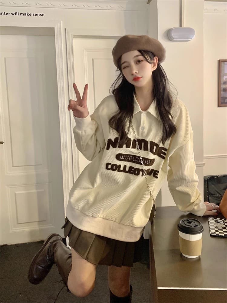 빅 사이즈 여성 의류 레트로 코듀로이 good 자수 폴로 칼라 POLO 셔츠 긴팔 상세 이미지 15
