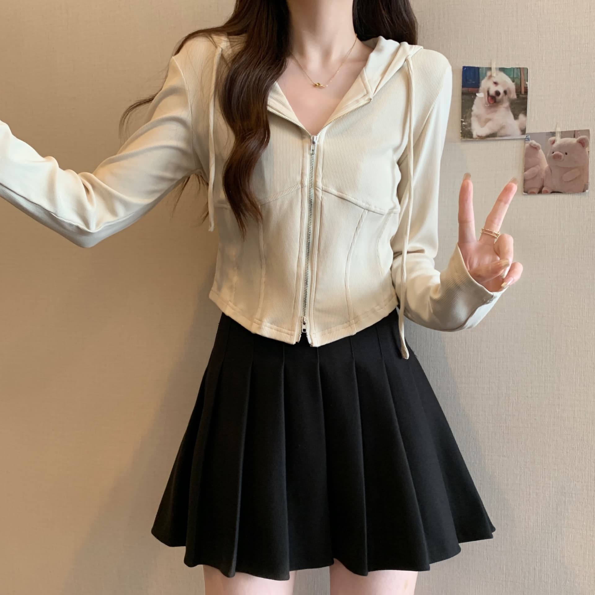 실사 빅 사이즈 봄 새로운 후드 긴팔 오픈 가디건 여성 코트 몸매 가꾸기 슬림해 보이는 생선뼈 쇼트 스타일 지퍼 맨위 상세 이미지 2