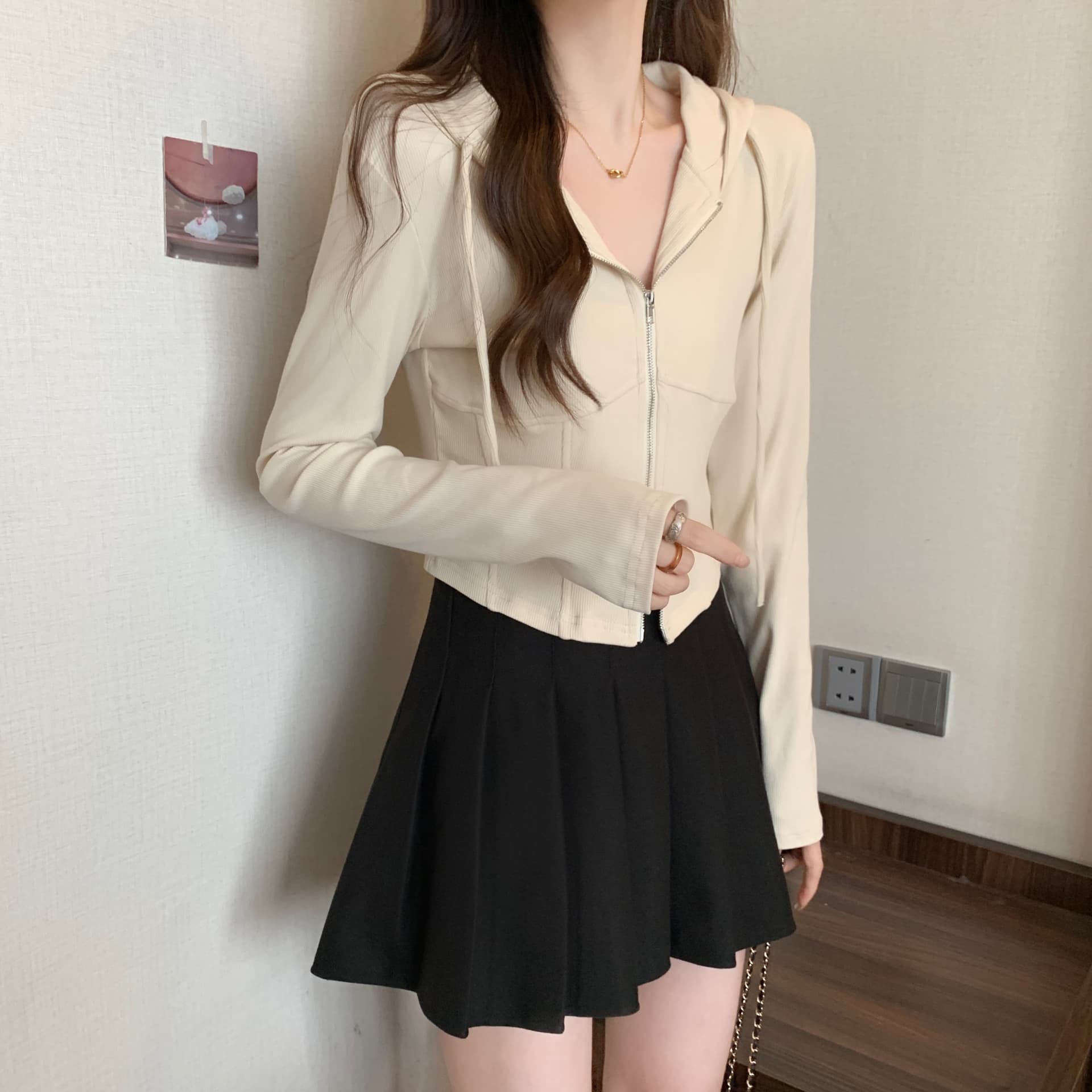 실사 빅 사이즈 봄 새로운 후드 긴팔 오픈 가디건 여성 코트 몸매 가꾸기 슬림해 보이는 생선뼈 쇼트 스타일 지퍼 맨위 상세 이미지 6