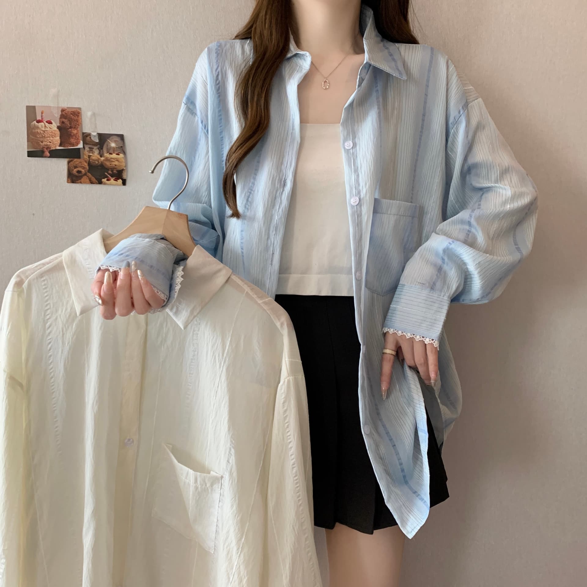 디자인 센스 레이스 조각 홀로우 아웃 긴팔 자외선 차단 여성 셔츠 지방 mm 루즈핏 캐주얼 얇은 스타일 맨위 재킷 다용도 이미지 2