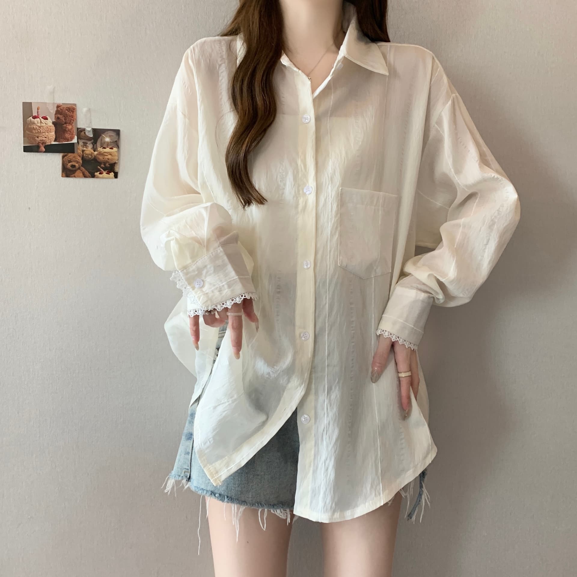 디자인 센스 레이스 조각 홀로우 아웃 긴팔 자외선 차단 여성 셔츠 지방 mm 루즈핏 캐주얼 얇은 스타일 맨위 재킷 다용도 이미지 3