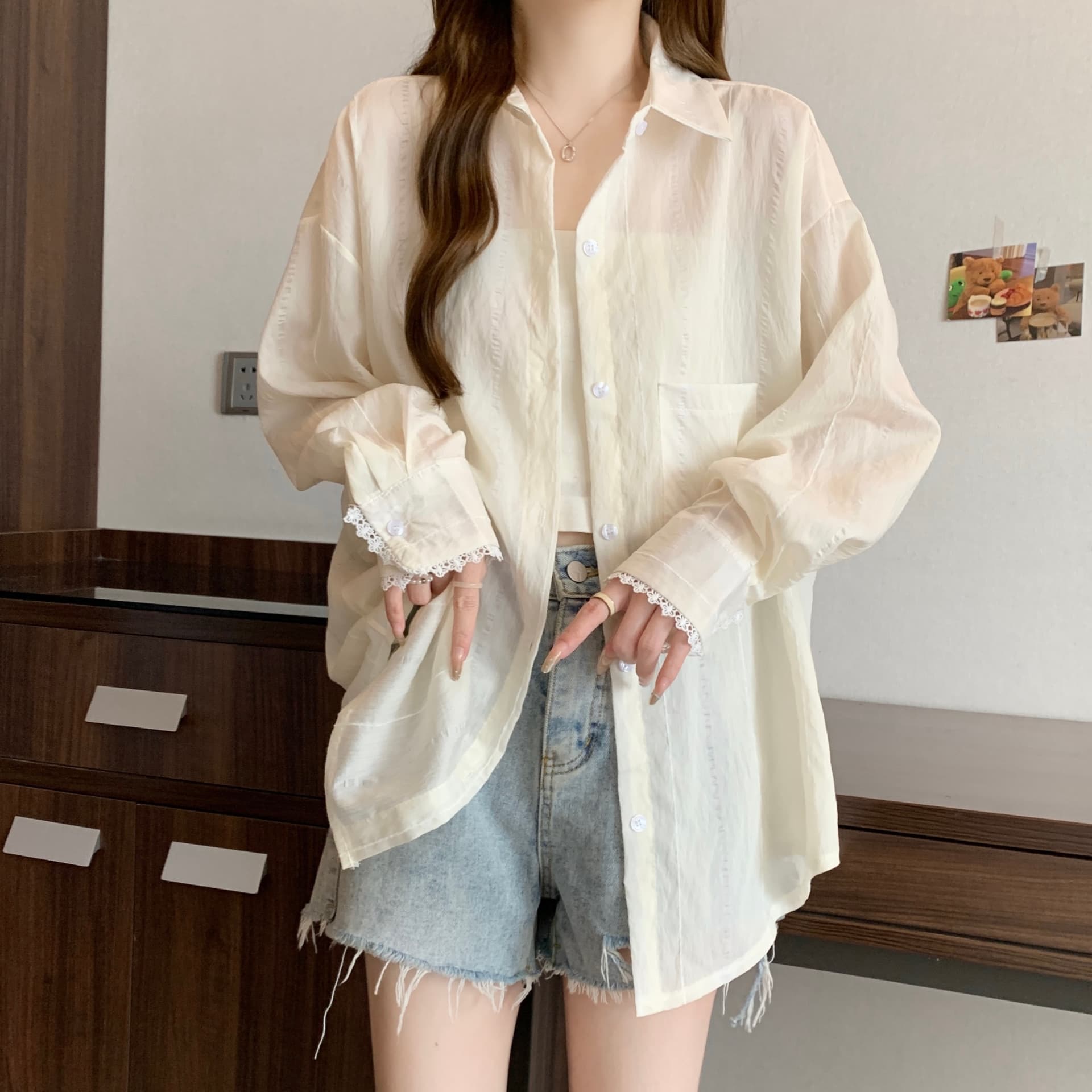 디자인 센스 레이스 조각 홀로우 아웃 긴팔 자외선 차단 여성 셔츠 지방 mm 루즈핏 캐주얼 얇은 스타일 맨위 재킷 다용도 이미지 5