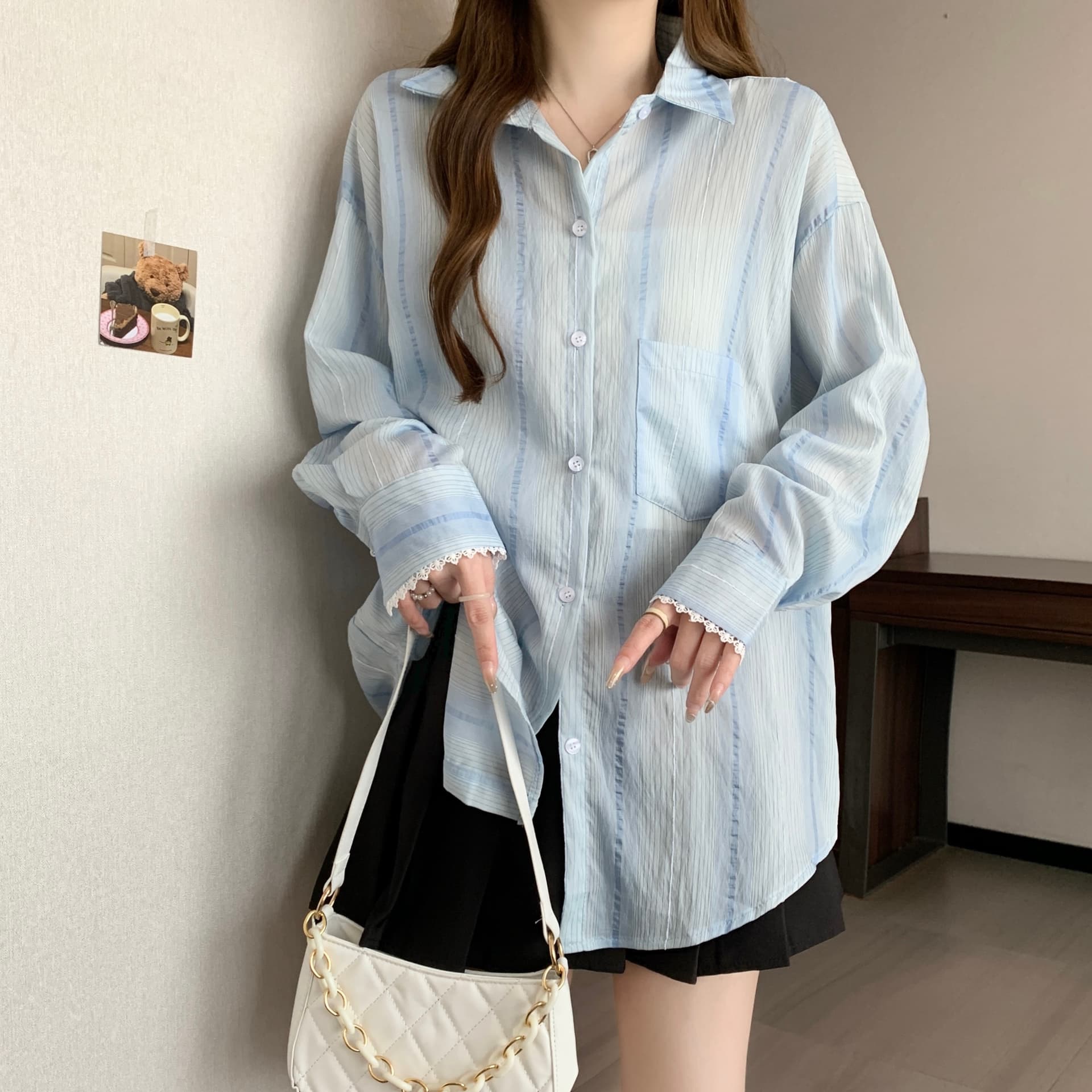 디자인 센스 레이스 조각 홀로우 아웃 긴팔 자외선 차단 여성 셔츠 지방 mm 루즈핏 캐주얼 얇은 스타일 맨위 재킷 다용도 상세 이미지 7