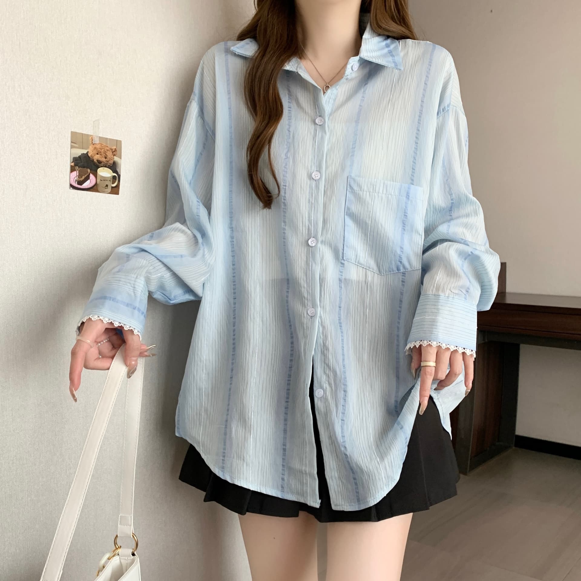 디자인 센스 레이스 조각 홀로우 아웃 긴팔 자외선 차단 여성 셔츠 지방 mm 루즈핏 캐주얼 얇은 스타일 맨위 재킷 다용도 상세 이미지 9